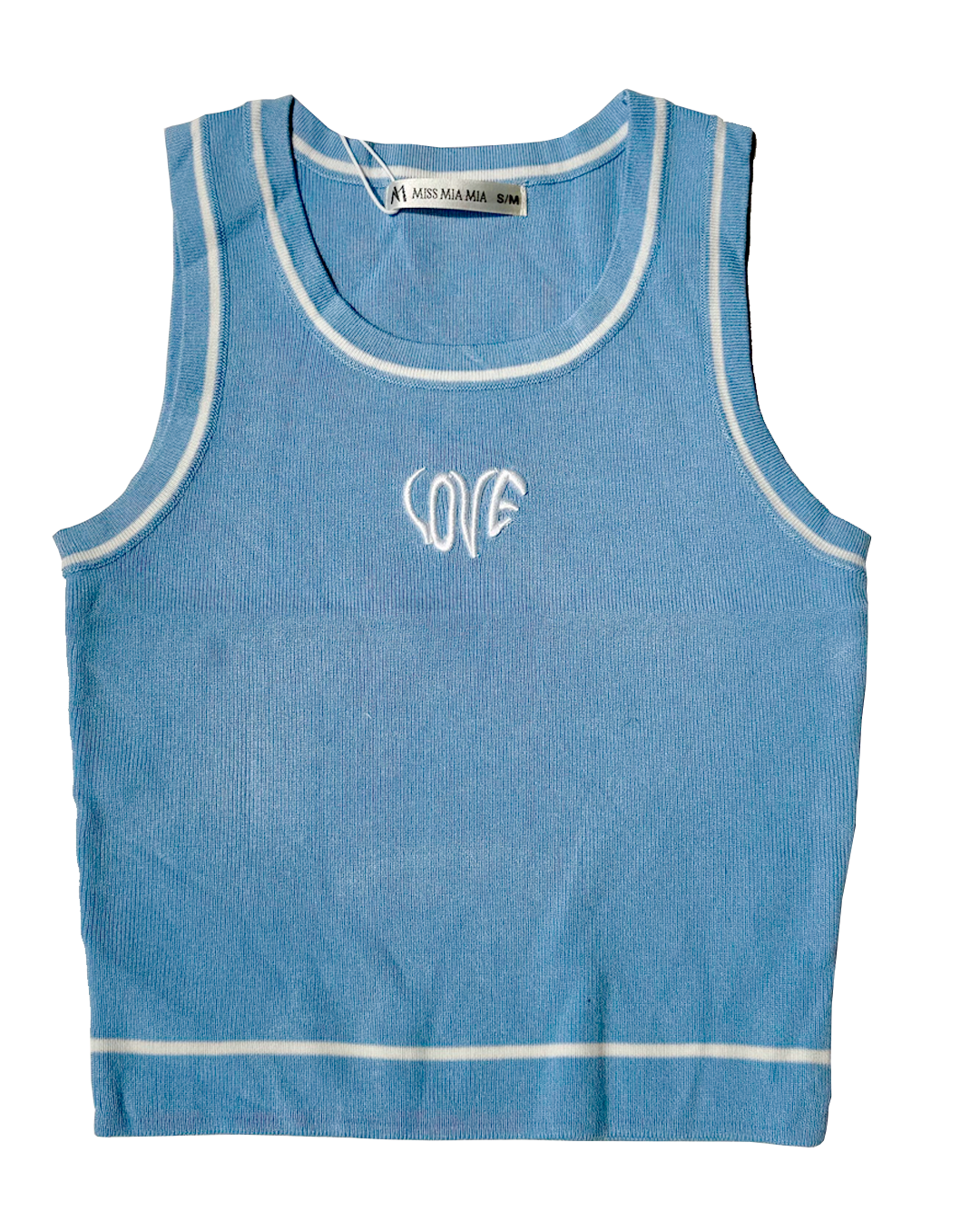 Blusa básica azul sin mangas con estampado frontal LOVE, moda femenina Moona House.