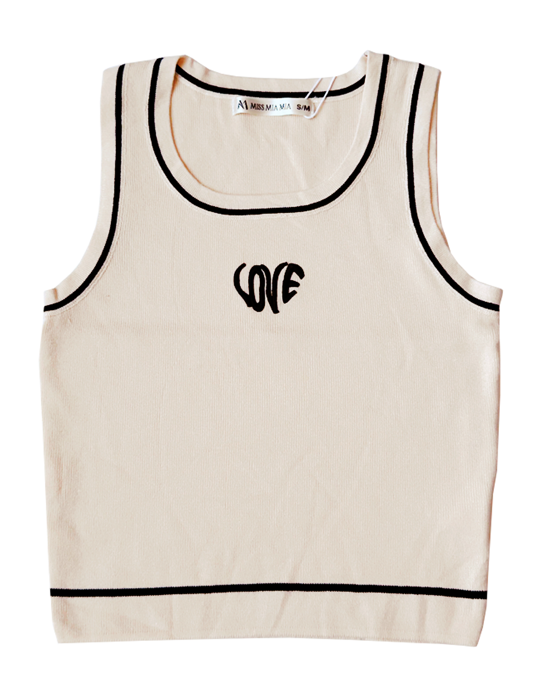 Blusa beige de mujer sin mangas con logo LOVE al frente, estilo casual