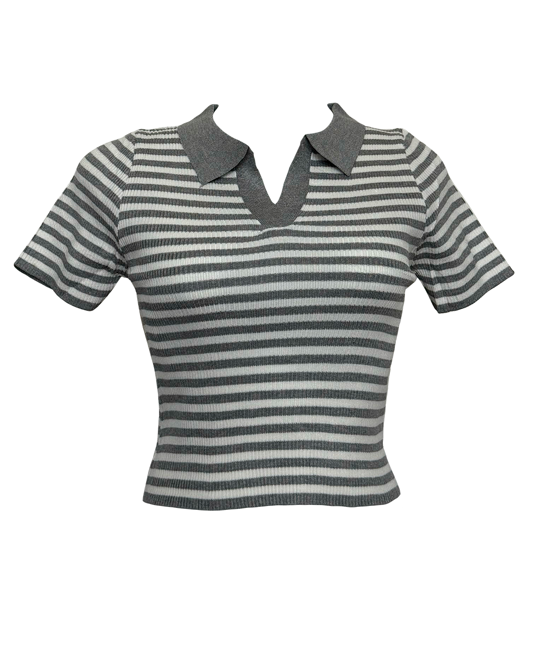 Blusa de rayas blancas y gris en tejido de punto con cuello gris, estilo Moona House.