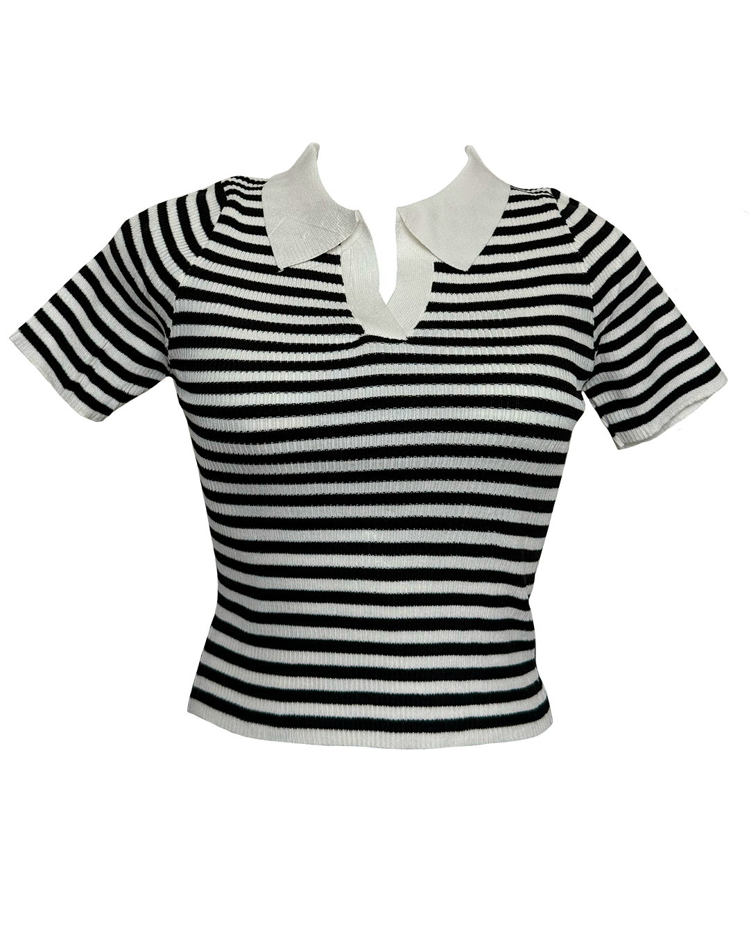 Blusa de rayas blancas y negras en tejido de punto con cuello blanco, estilo Moona House