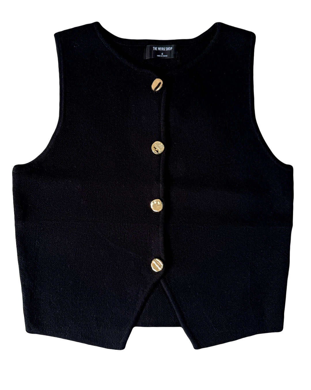 Blusa negra estilo chaleco en tejido de punto con botones dorados frontales, moda Moona House