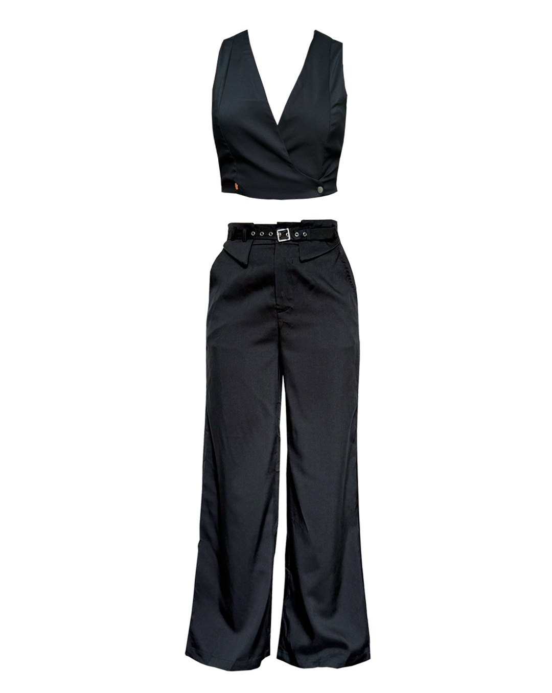 Conjunto formal negro de mujer con top tipo chaleco y pantalón recto, Moona House