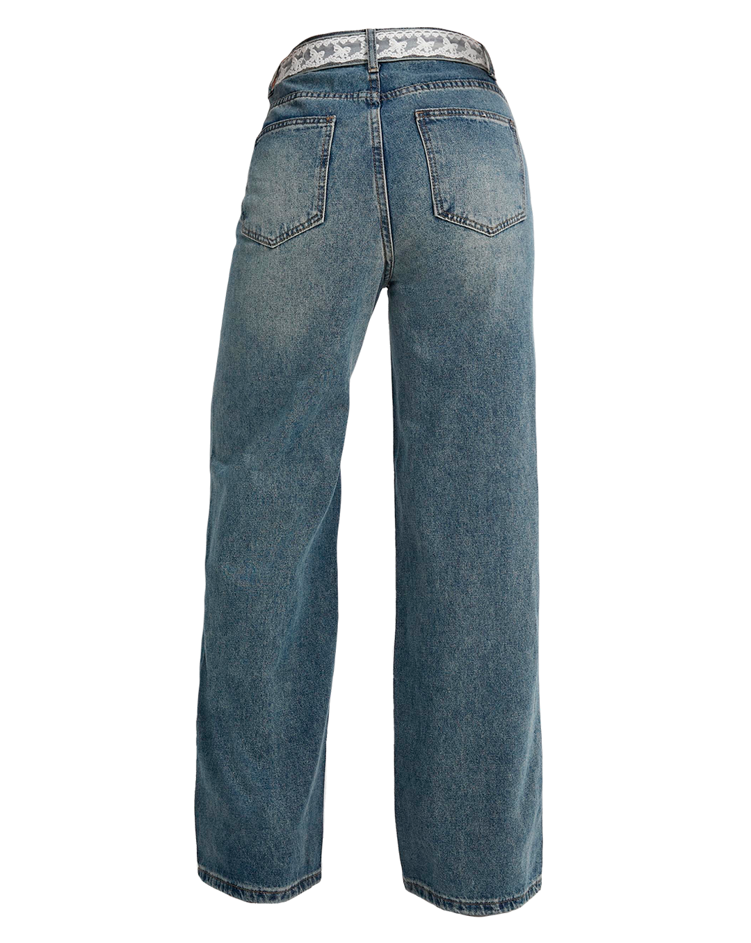 Pantalón denim recto azul claro con cinturón blanco decorativo de encaje, Moona House