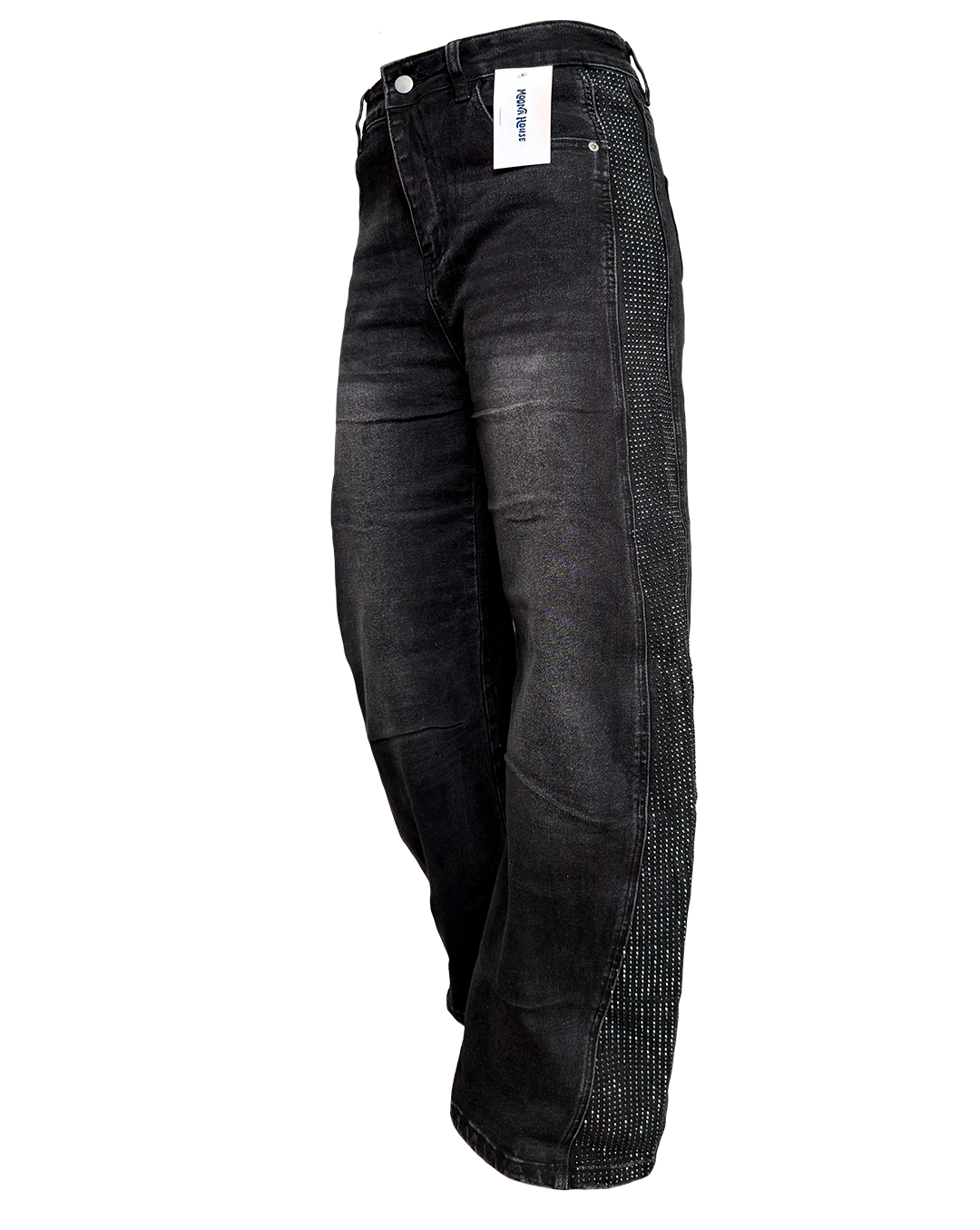Pantalón denim negro recto a la cintura con diseño amplio y brillos laterales, moda Moona House