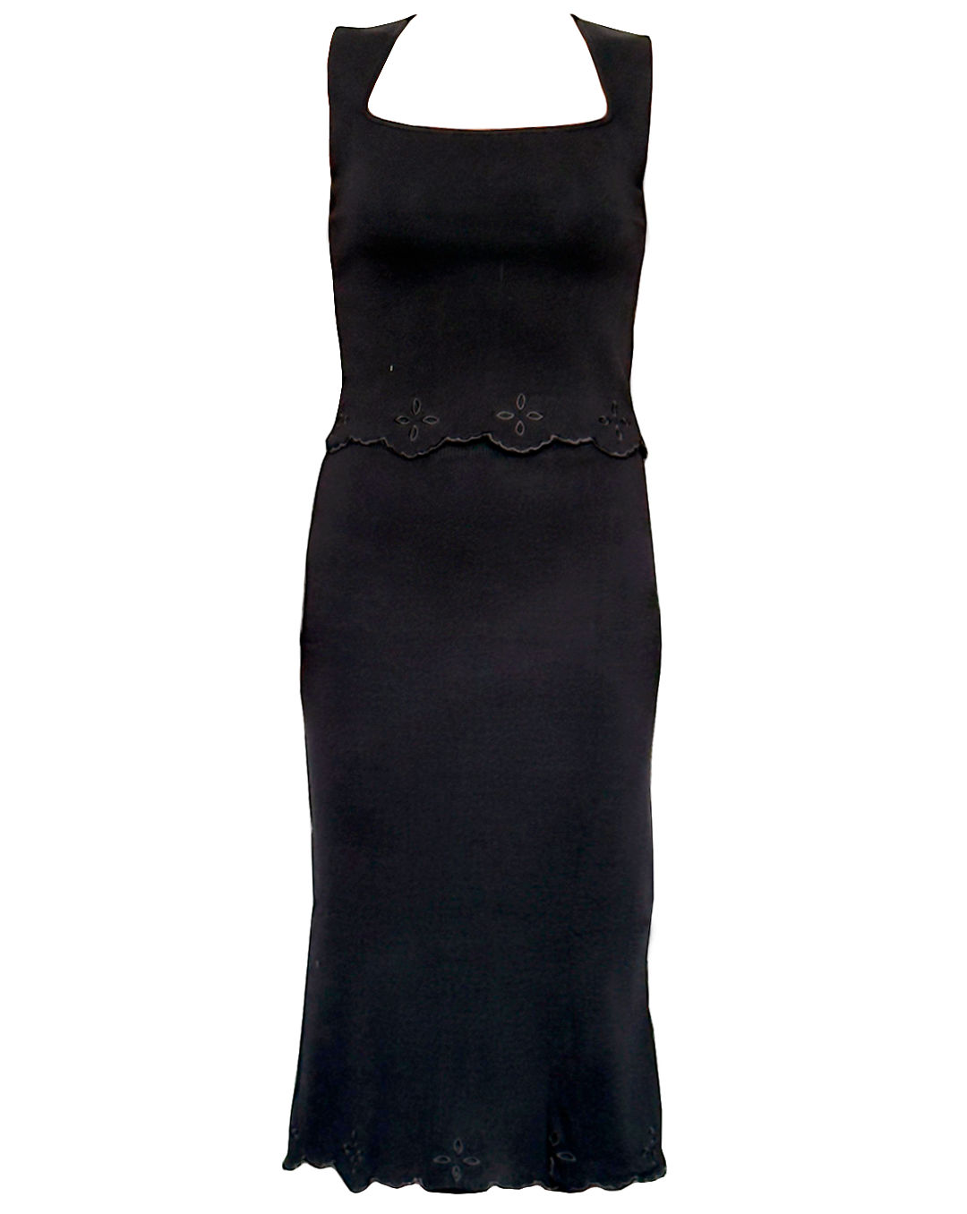 Conjunto negro con falda y top tejido de punto, look elegante y atemporal