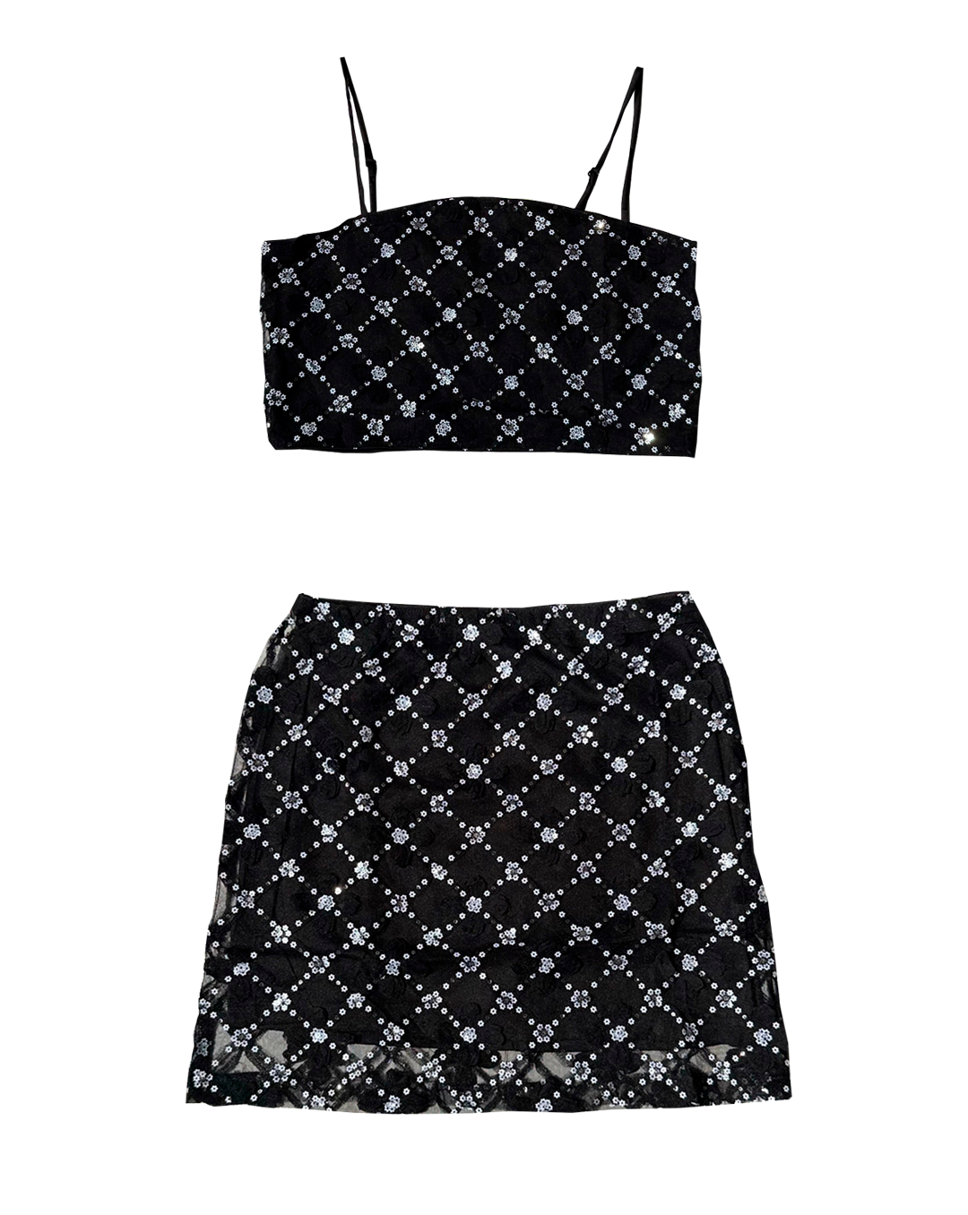 Set negro casual de mujer con crop top y falda, detalles florales brillantes Moona House.