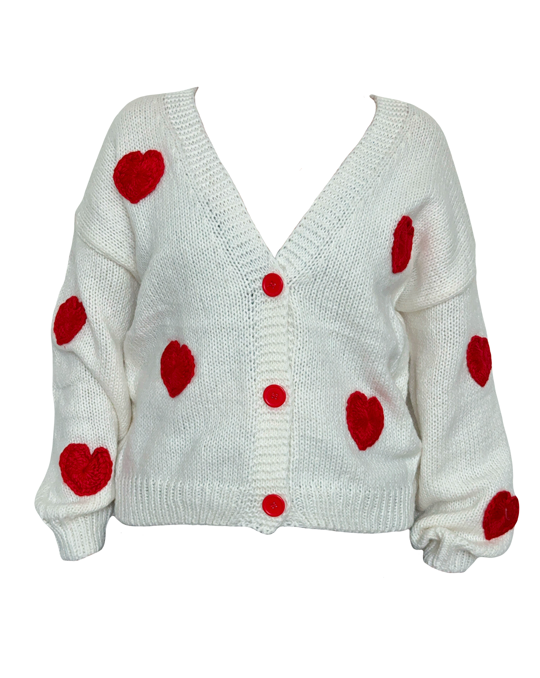 Suéter blanco de mujer con corazones rojos tejidos y escote en V con botones frontales rojos.