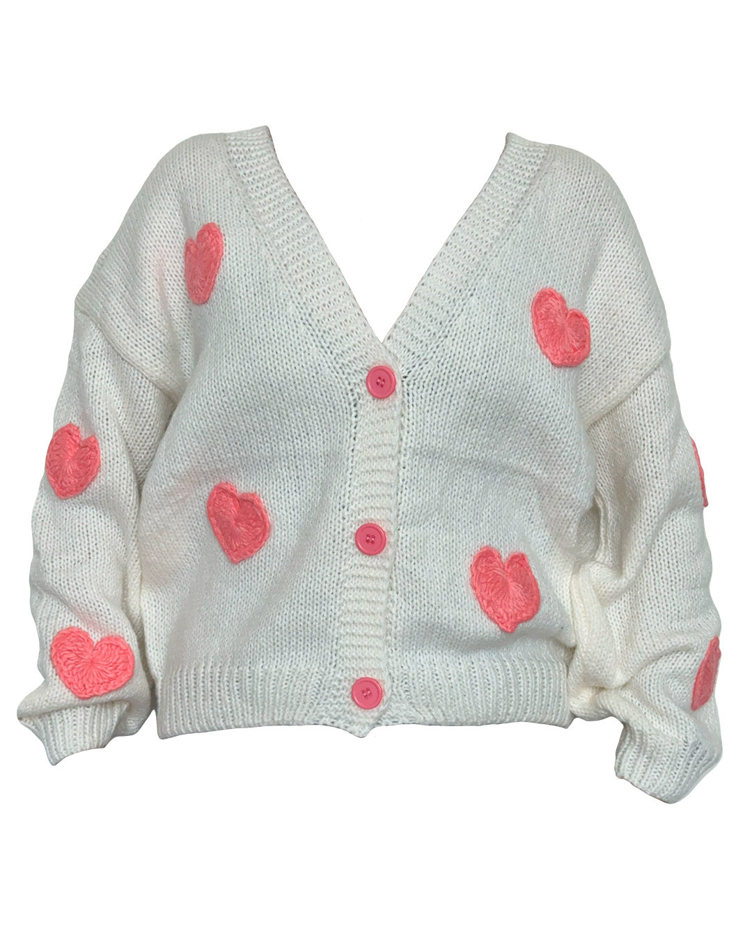 Suéter blanco de mujer con corazones rosas tejidos y escote en V con botones frontales.