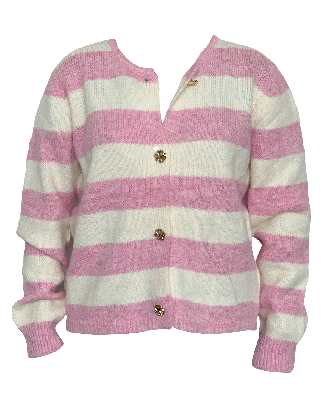 Suéter lila con rayas blancas para mujer, corte regular y botones dorados al frente.