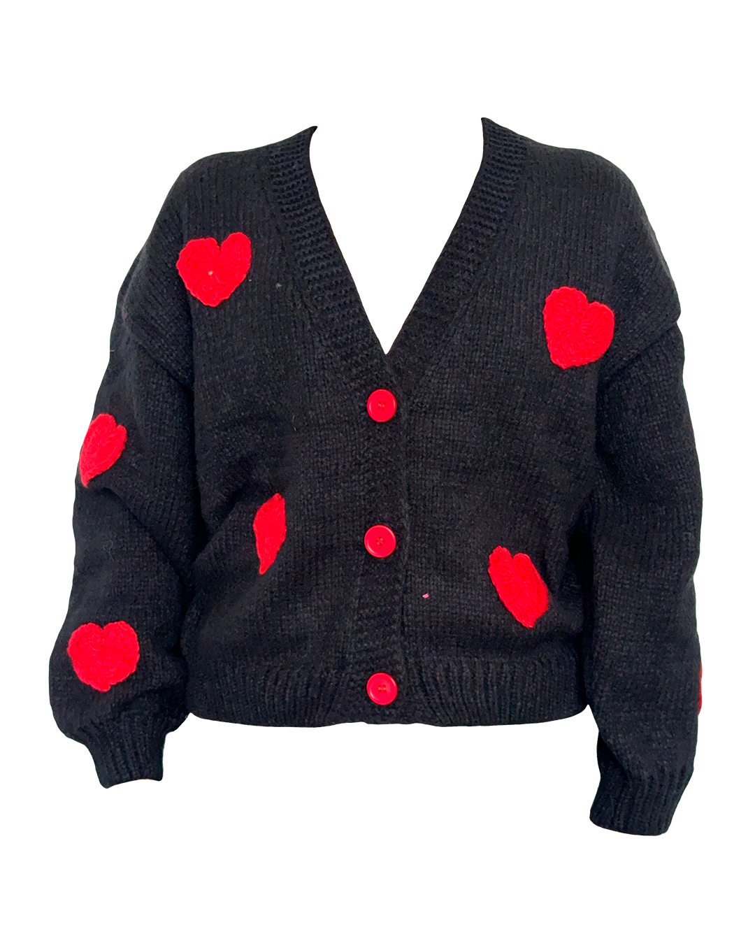 Suéter negro de mujer con corazones rojos tejidos y escote en V con botones frontales.