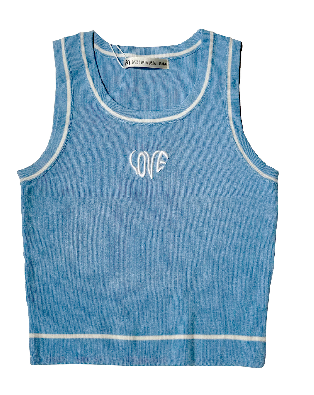 Blusa básica azul sin mangas con estampado frontal LOVE, moda femenina Moona House.