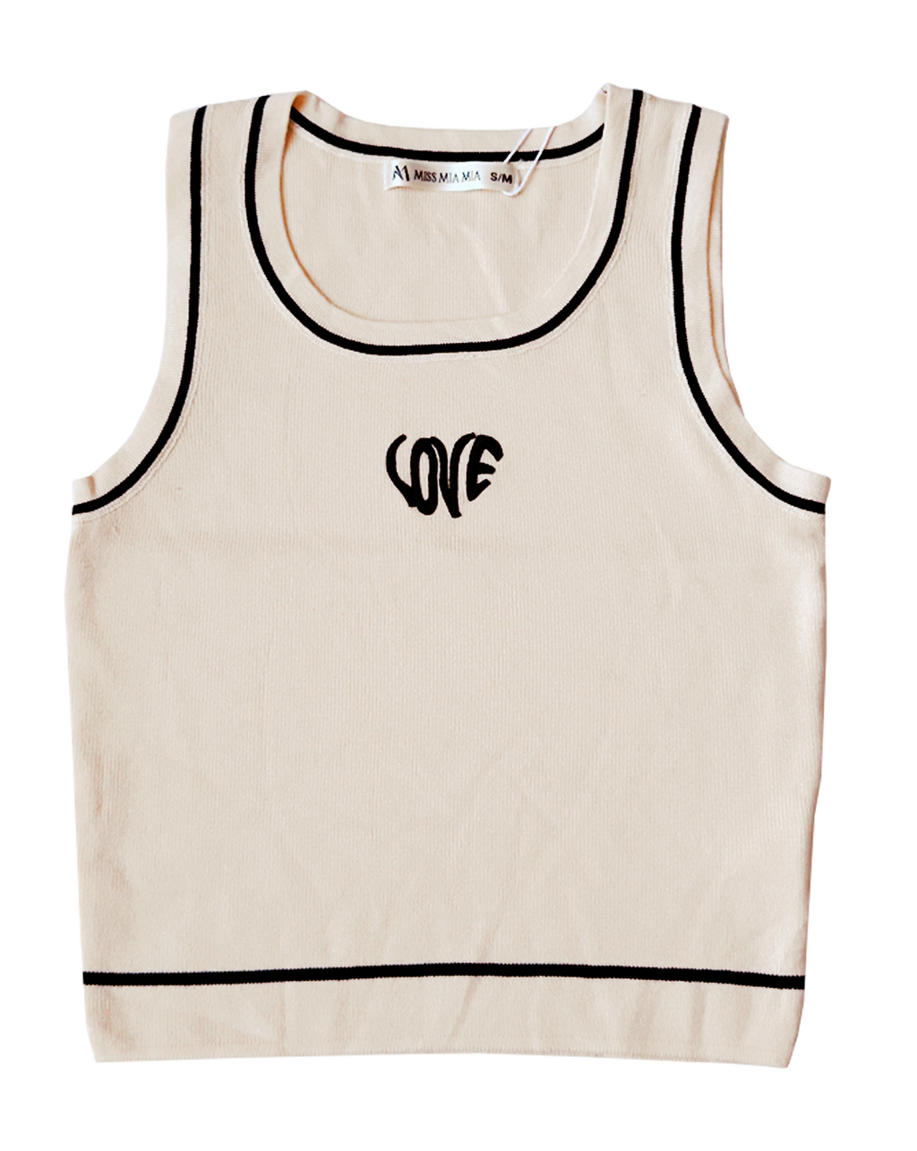 Blusa beige de mujer sin mangas con logo LOVE al frente, estilo casual