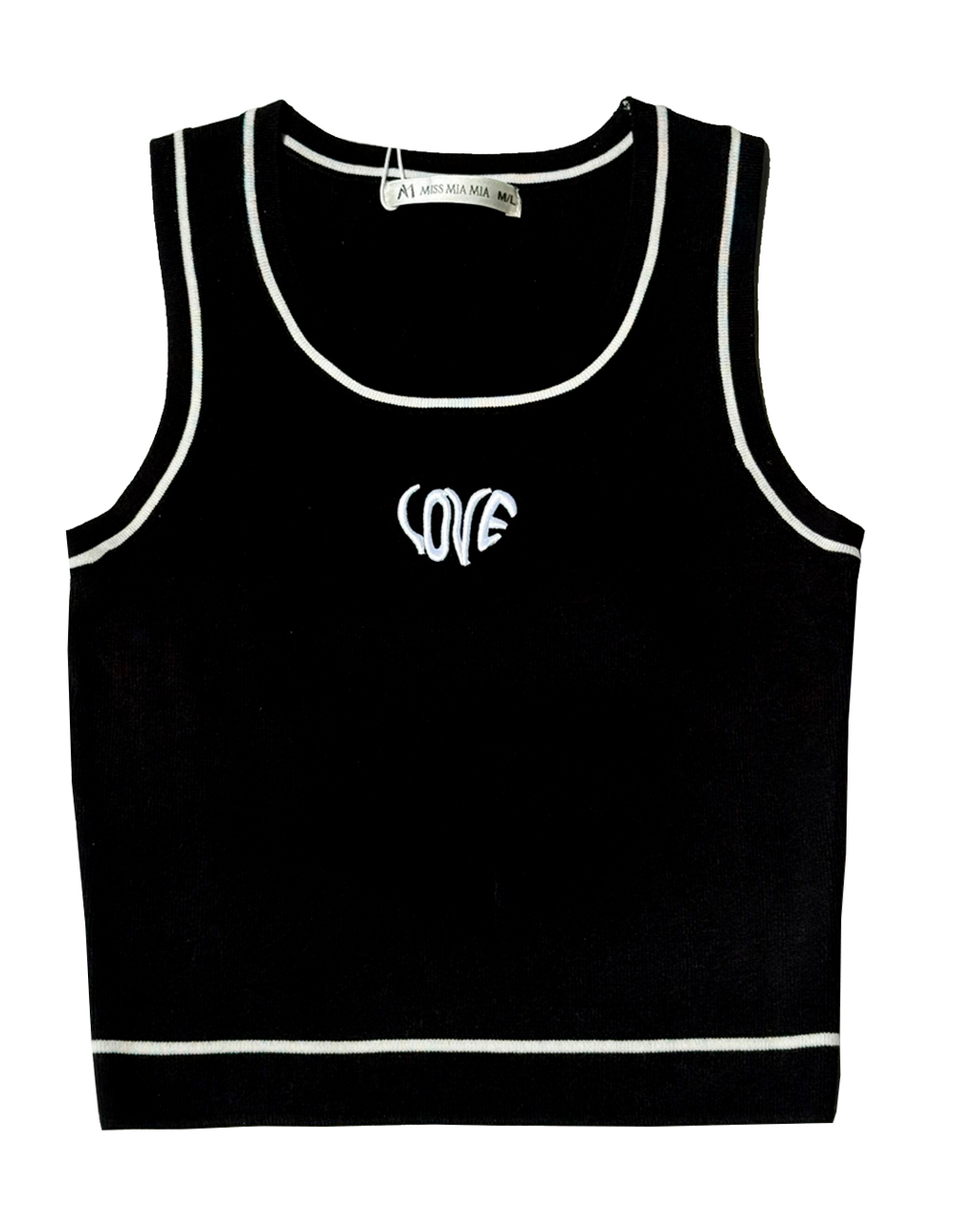 Blusa básica negra sin mangas con estampado frontal LOVE, moda femenina Moona House