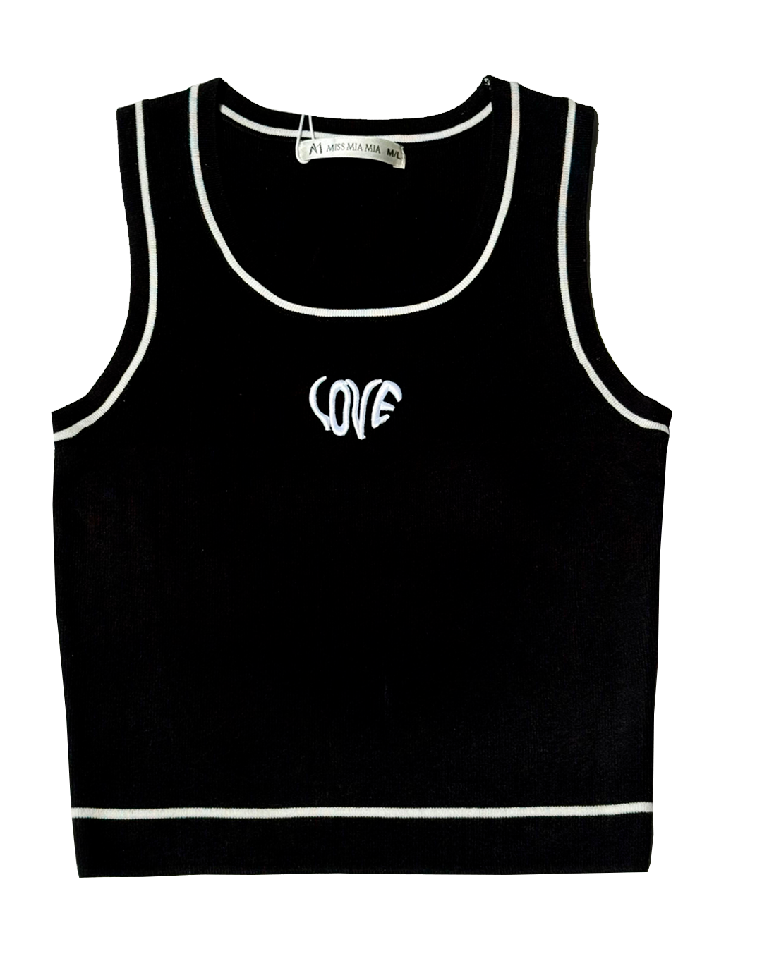 Blusa básica negra sin mangas con estampado frontal LOVE, moda femenina Moona House