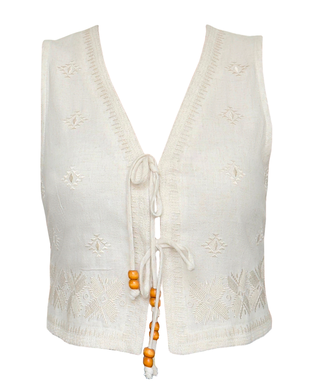 Blusa de lino beige para mujer, con apertura frontal y cierre de tiras decoradas con cuencas