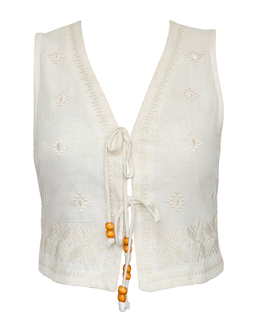 Blusa de lino beige para mujer, con apertura frontal y cierre de tiras decoradas con cuencas