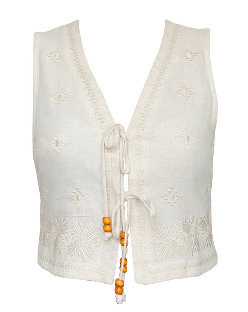 Blusa de lino beige para mujer, con apertura frontal y cierre de tiras decoradas con cuencas