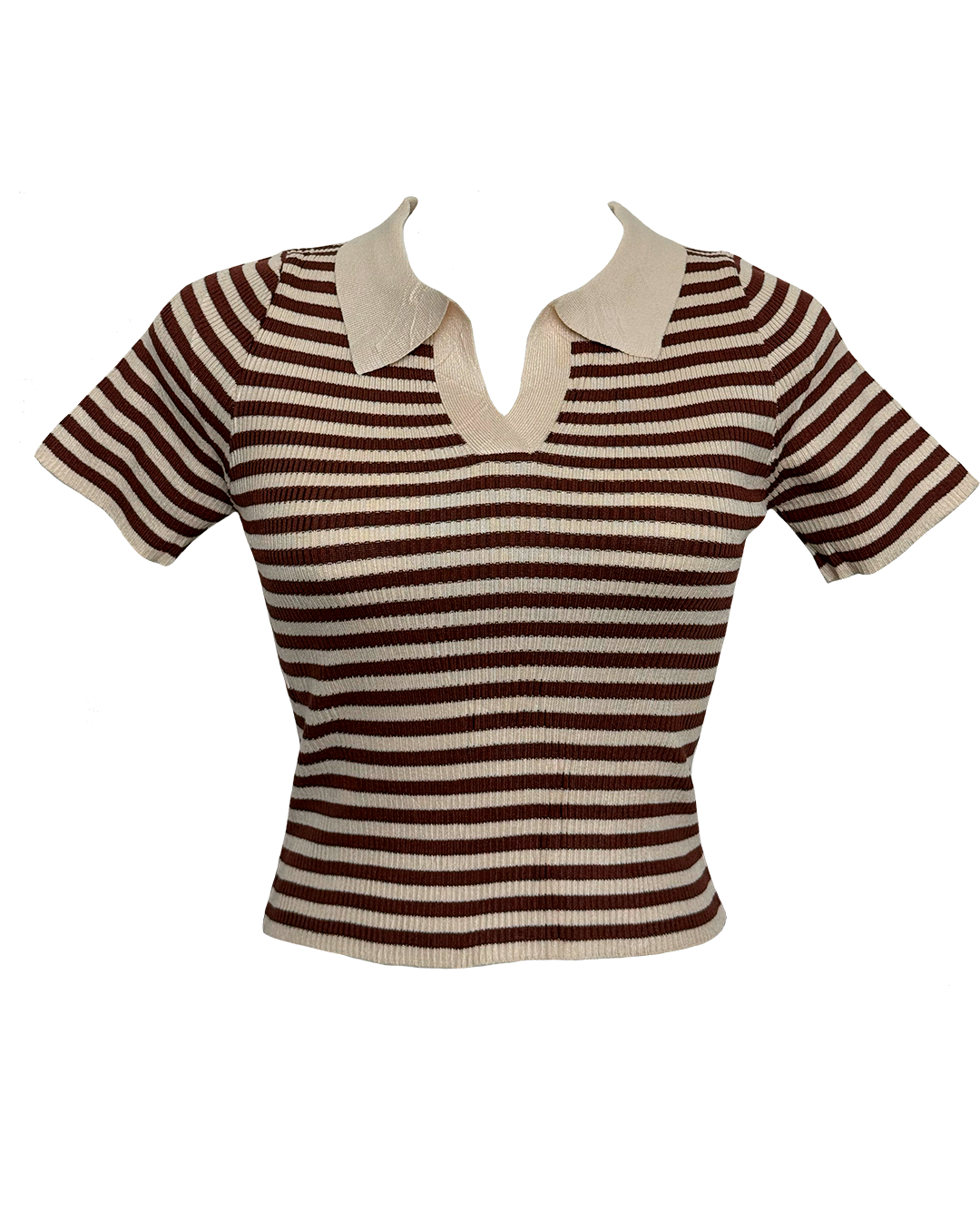 Blusa de rayas beige y café en tejido de punto con cuello beige, estilo Moona House