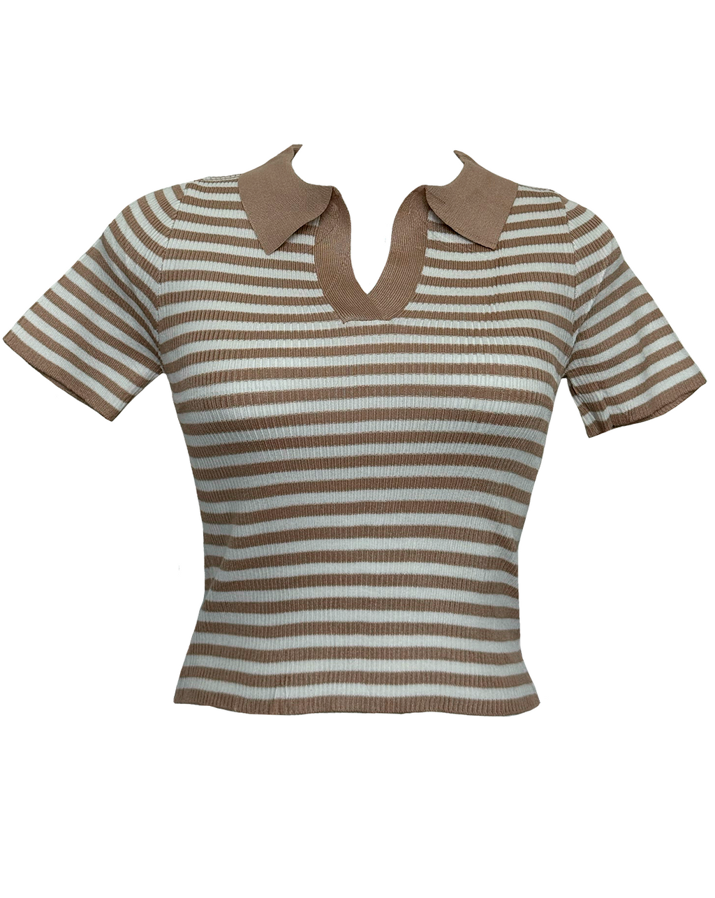 Blusa de punto con rayas café y blanco y cuello café, moda femenina casual.