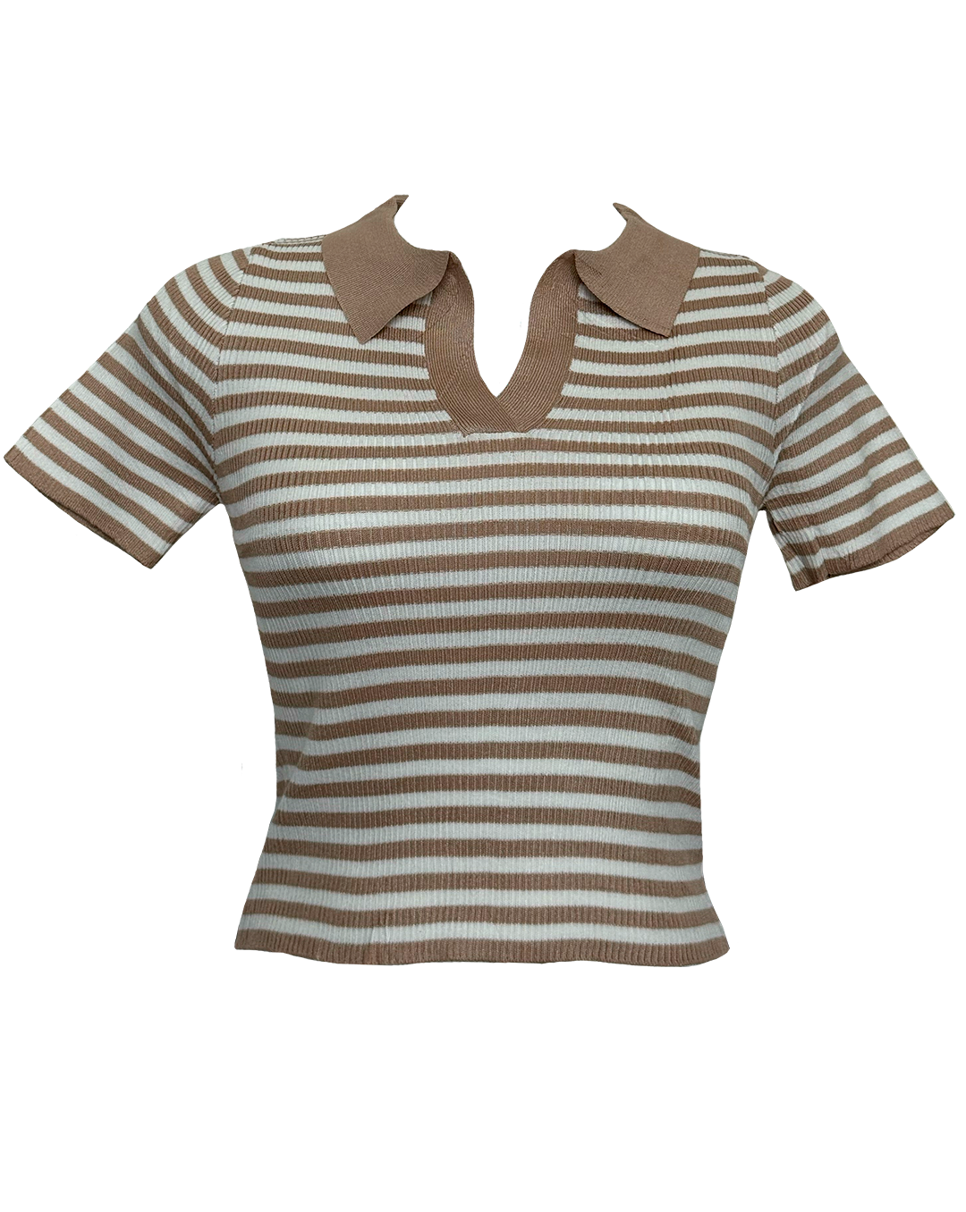 Blusa de punto con rayas café y blanco y cuello café, moda femenina casual.