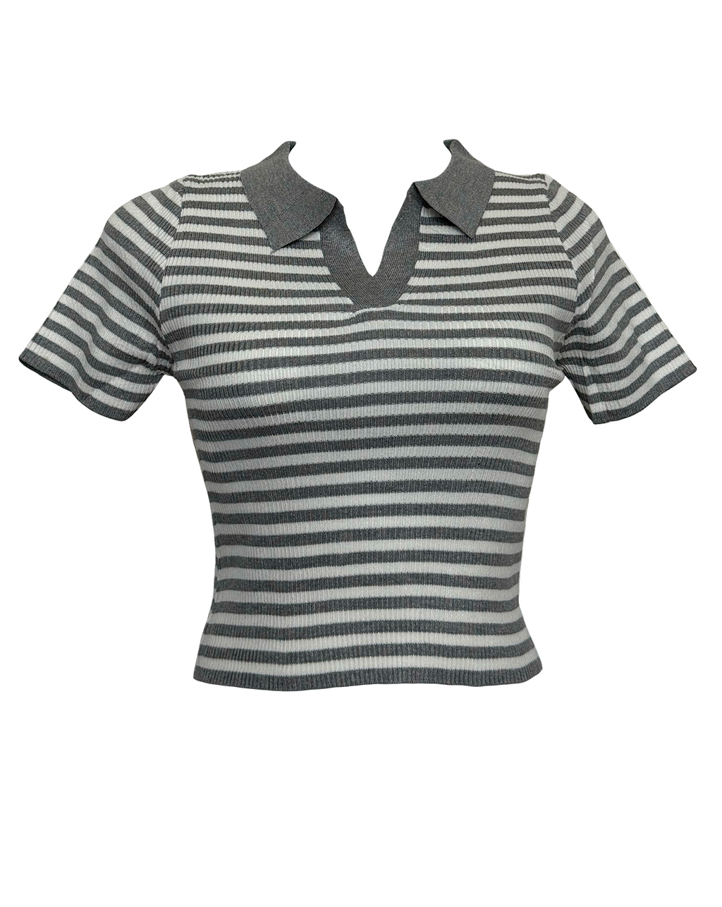 Blusa de rayas blancas y gris en tejido de punto con cuello gris, estilo Moona House.