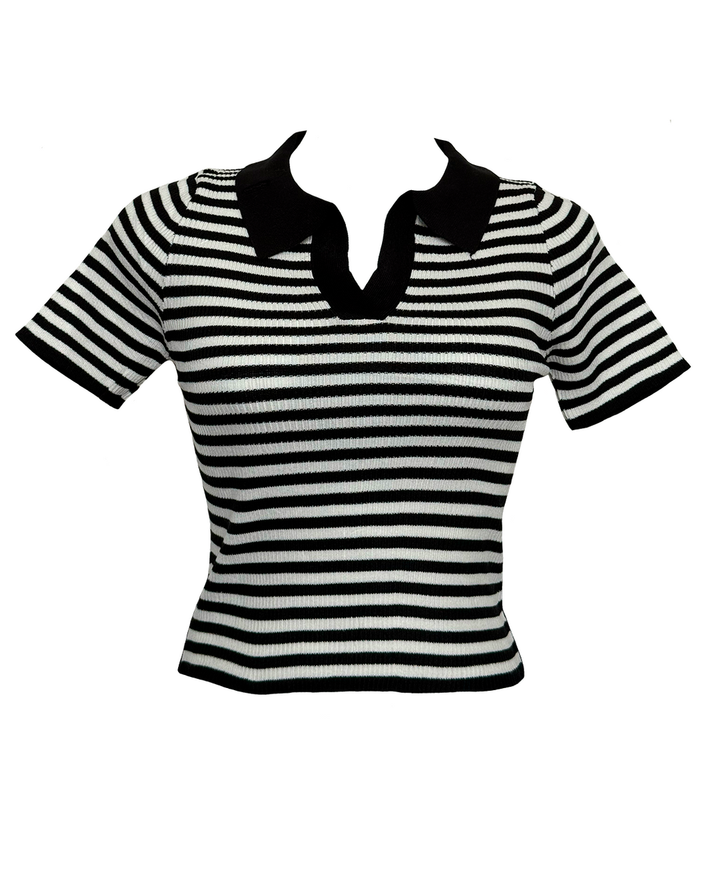Blusa de rayas blancas y negras en tejido de punto con cuello negro, estilo Moona House.