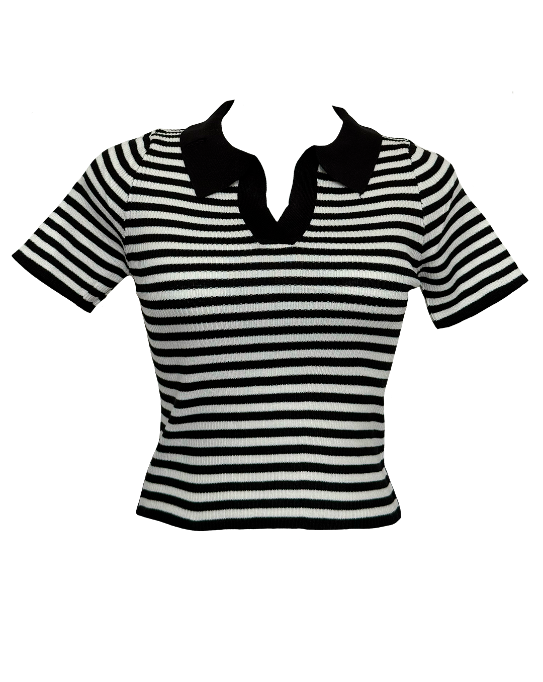 Blusa de rayas blancas y negras en tejido de punto con cuello negro, estilo Moona House.