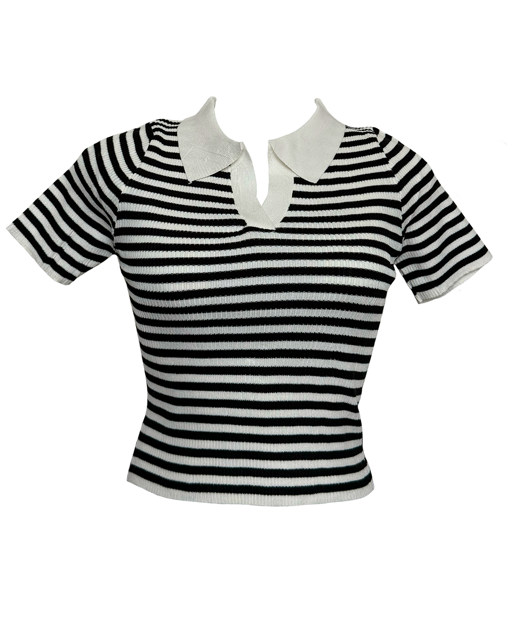 Blusa de rayas blancas y negras en tejido de punto con cuello blanco, estilo Moona House