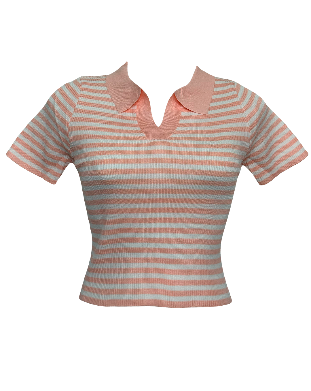 Blusa de rayas blancas y rosa en tejido de punto con cuello rosa, estilo Moona House