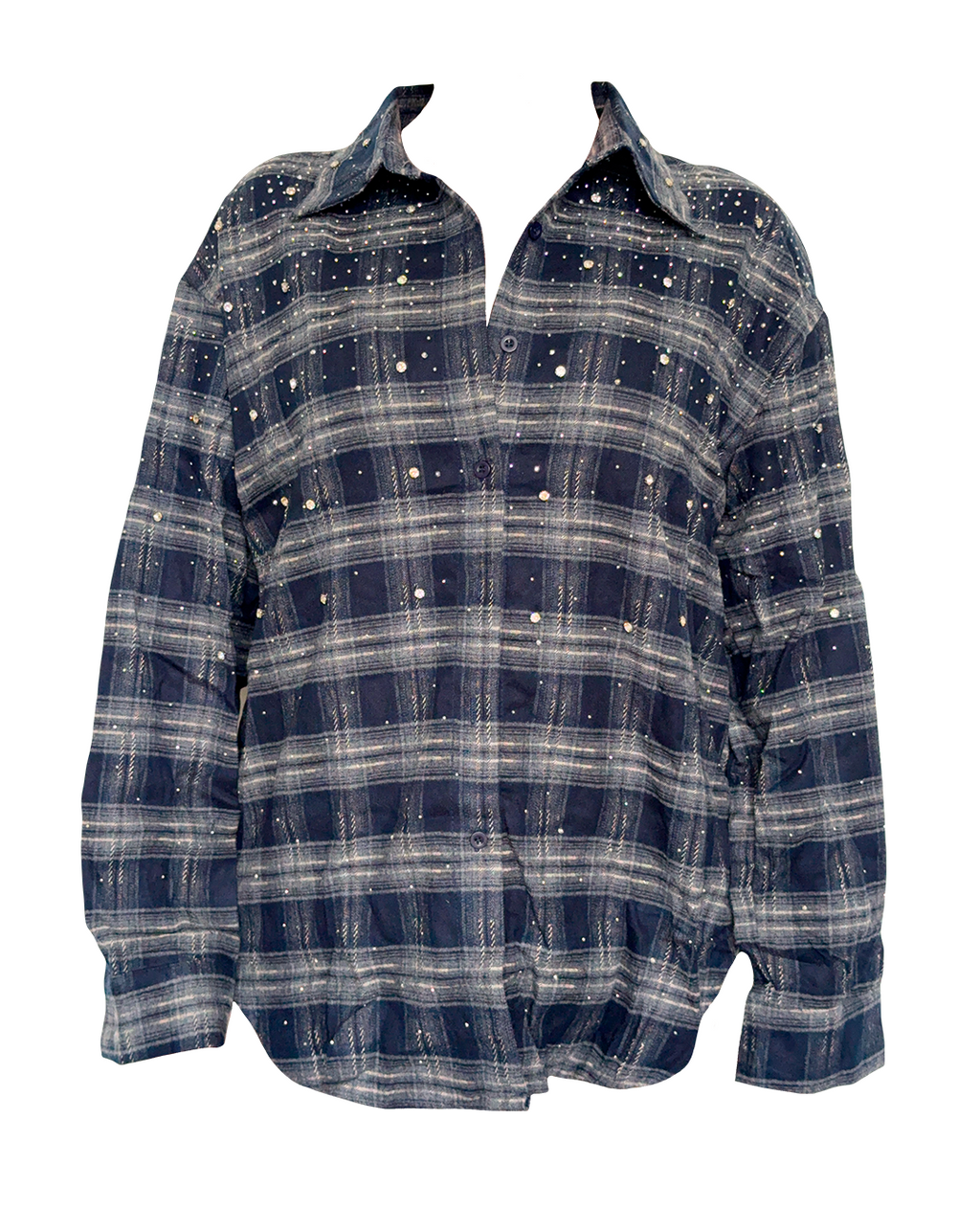 Camisa de franela a cuadros azul marino para mujer, corte regular, detalles brillantes al frente.