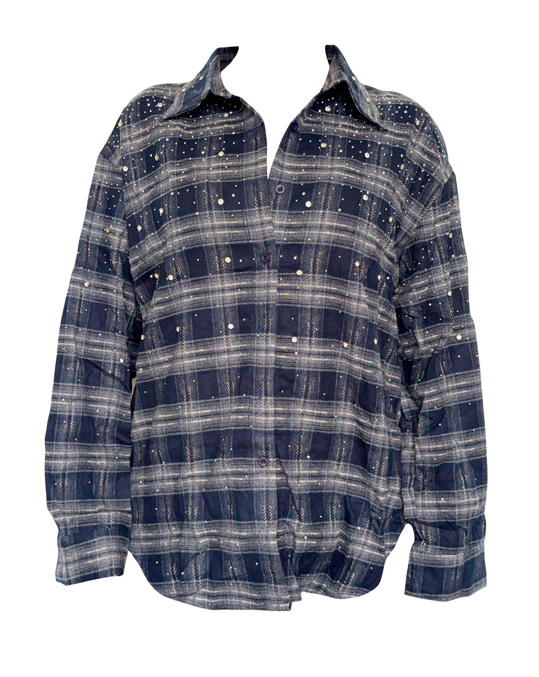 Camisa de franela a cuadros azul marino para mujer, corte regular, detalles brillantes al frente.