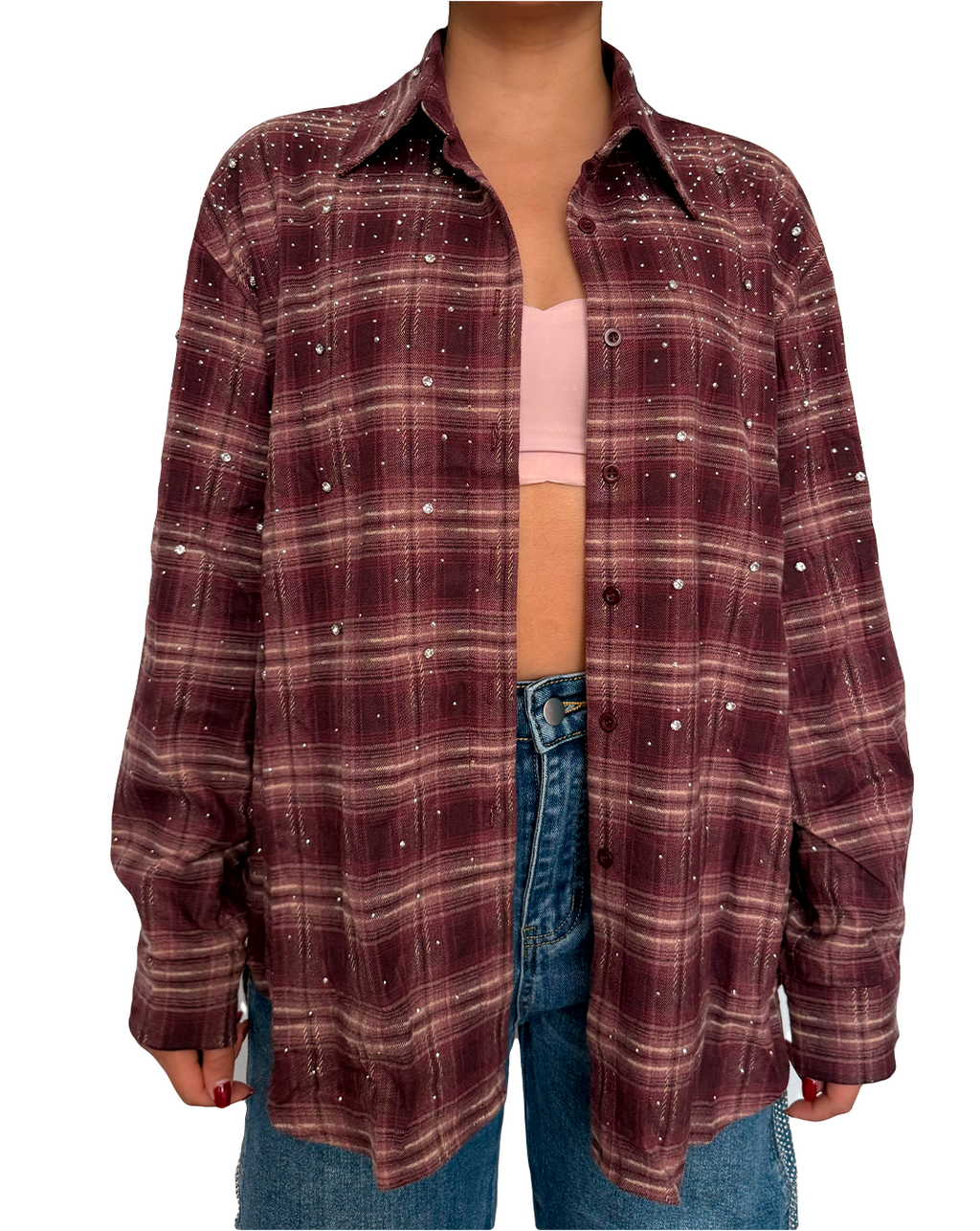 Camisa de franela a cuadros vino para mujer, corte regular, detalles brillantes al frente.