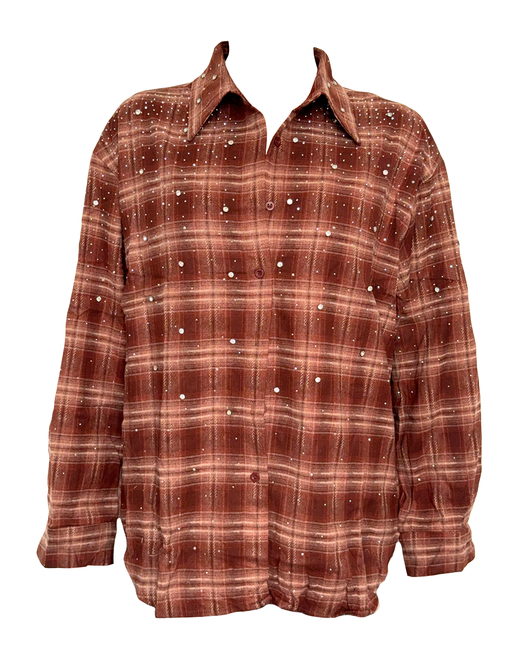 Camisa de franela a cuadros rojos para mujer, corte regular, con detalles brillantes en el frente