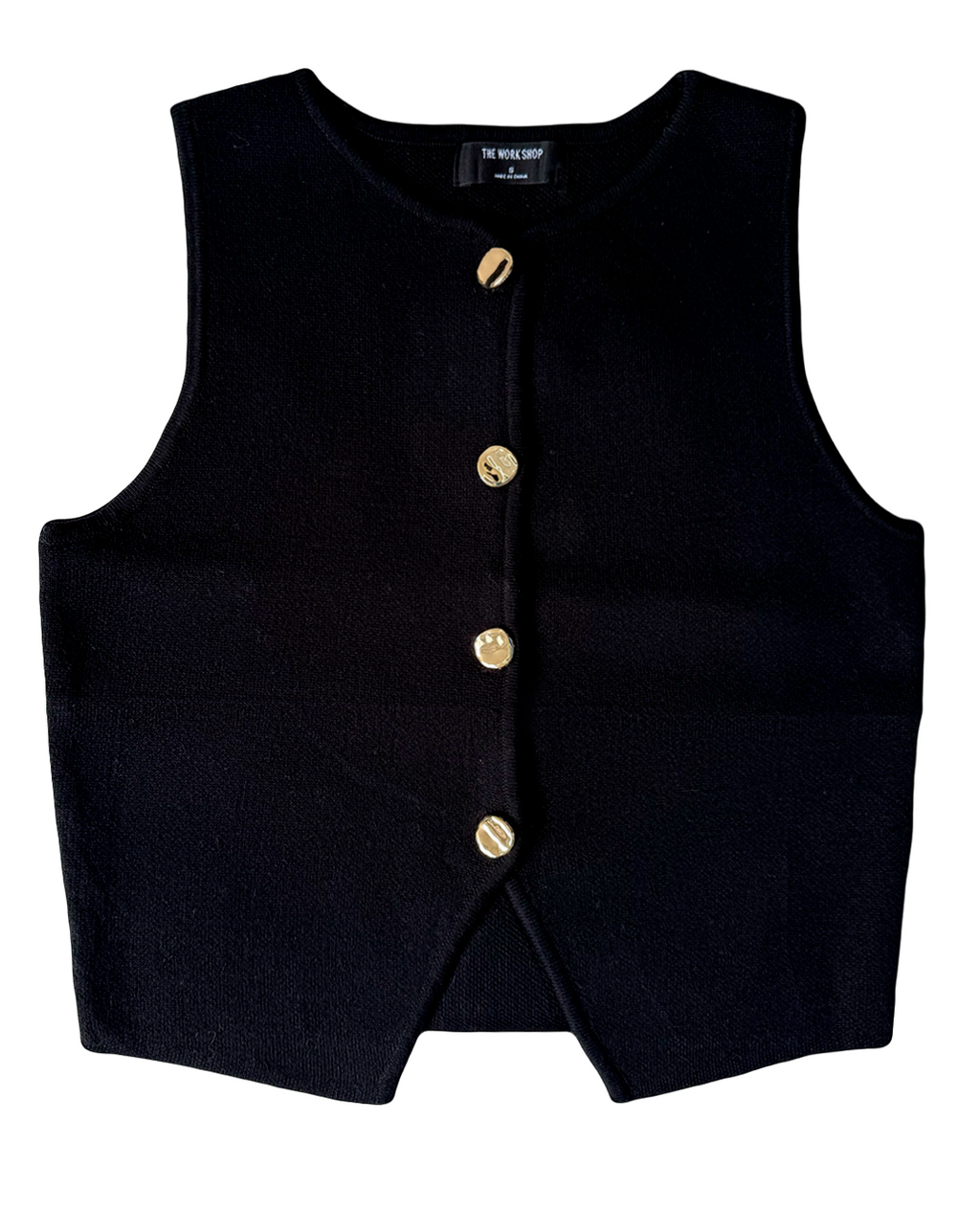 Blusa negra estilo chaleco en tejido de punto con botones dorados frontales, moda Moona House