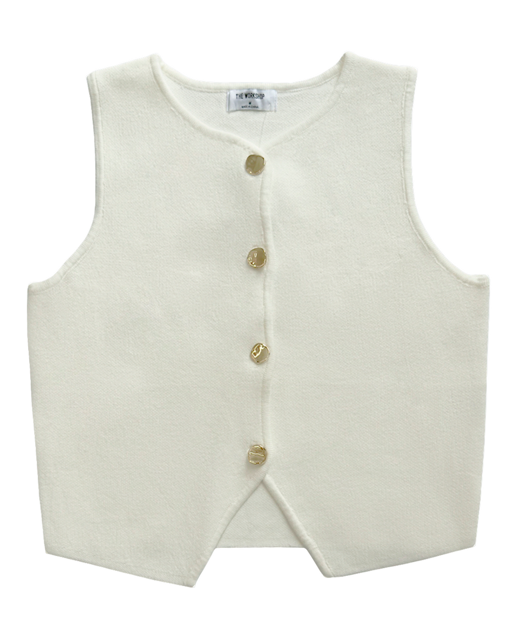 Chaleco-blusa de punto color blanco con botones dorados, look elegante femenino