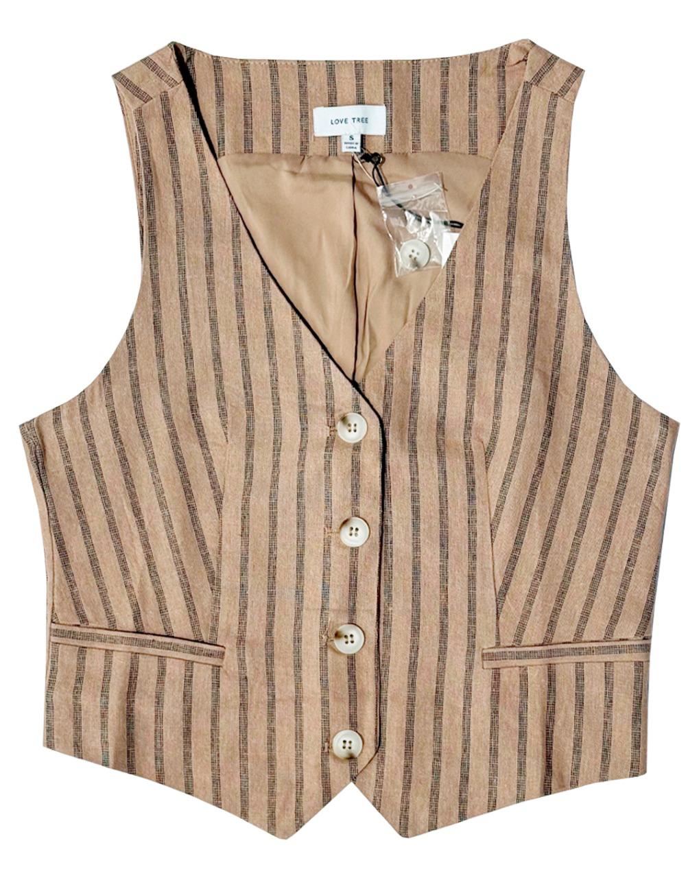 Chaleco de rayas cafes con gris, botones blancos enfrente, cuello V