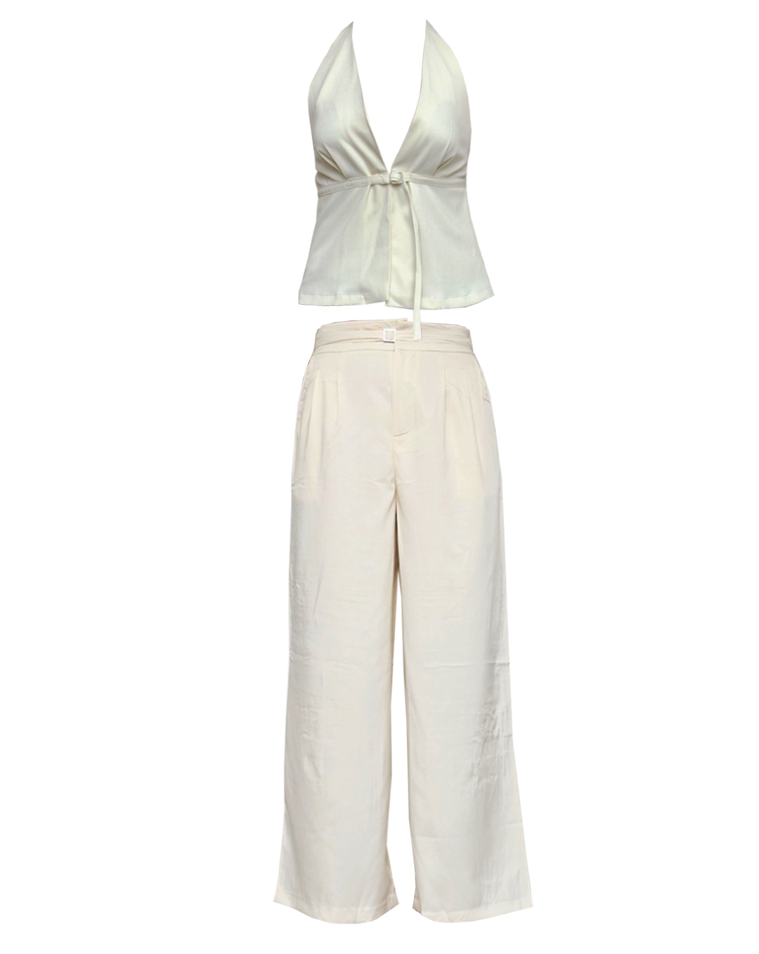 Conjunto beige versátil con pantalón y blusa cuello V, estilo formal femenino