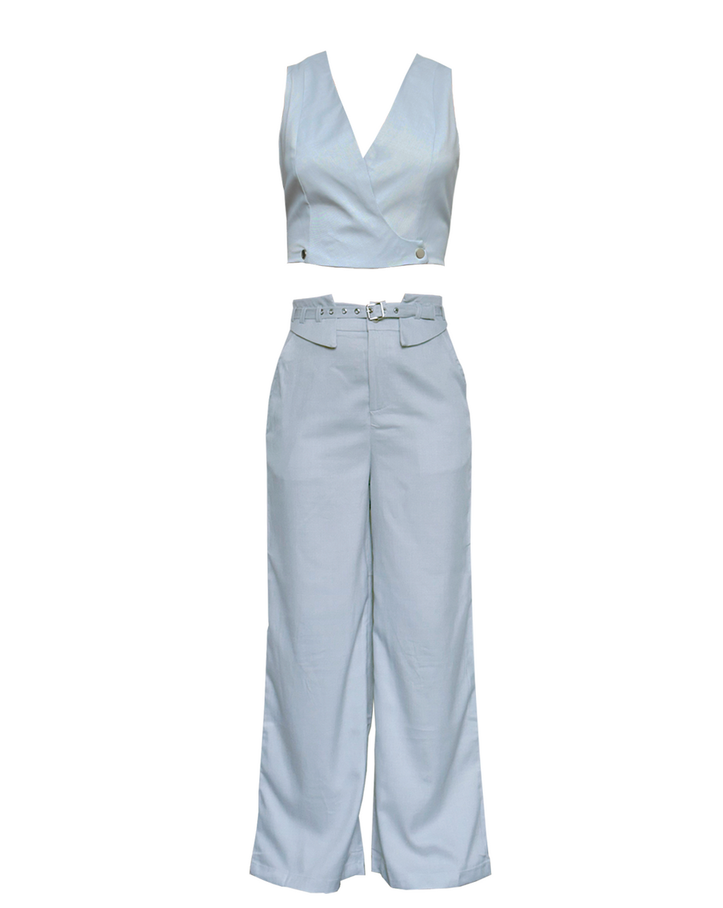 Conjunto formal azul de mujer con top tipo chaleco y pantalón recto, Moona House.