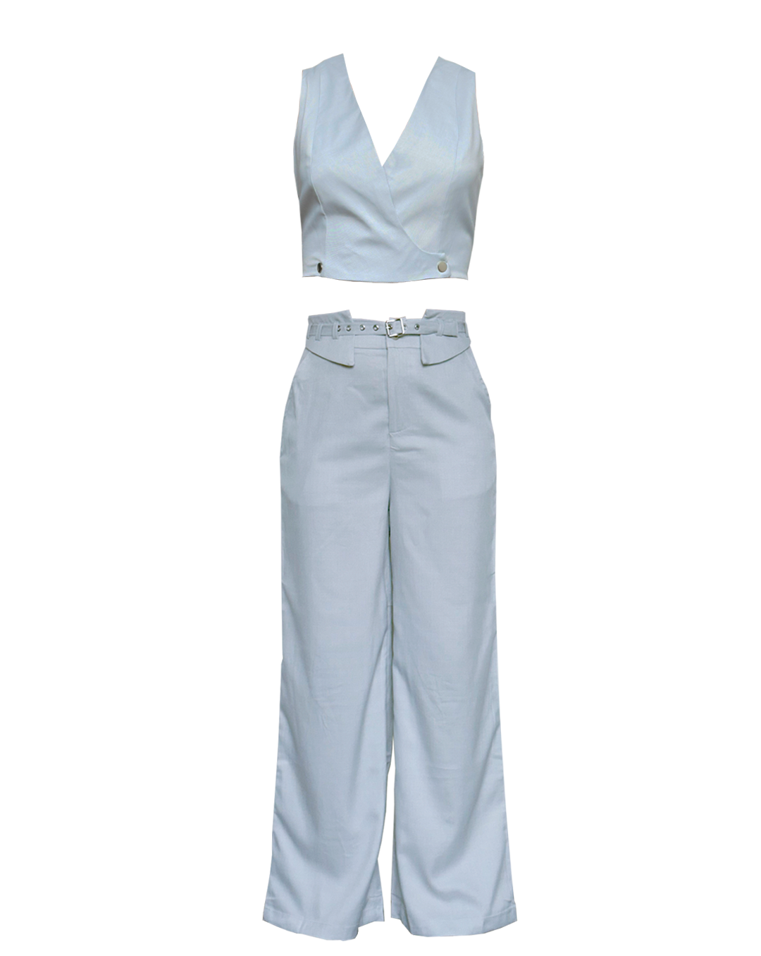 Conjunto formal azul de mujer con top tipo chaleco y pantalón recto, Moona House.