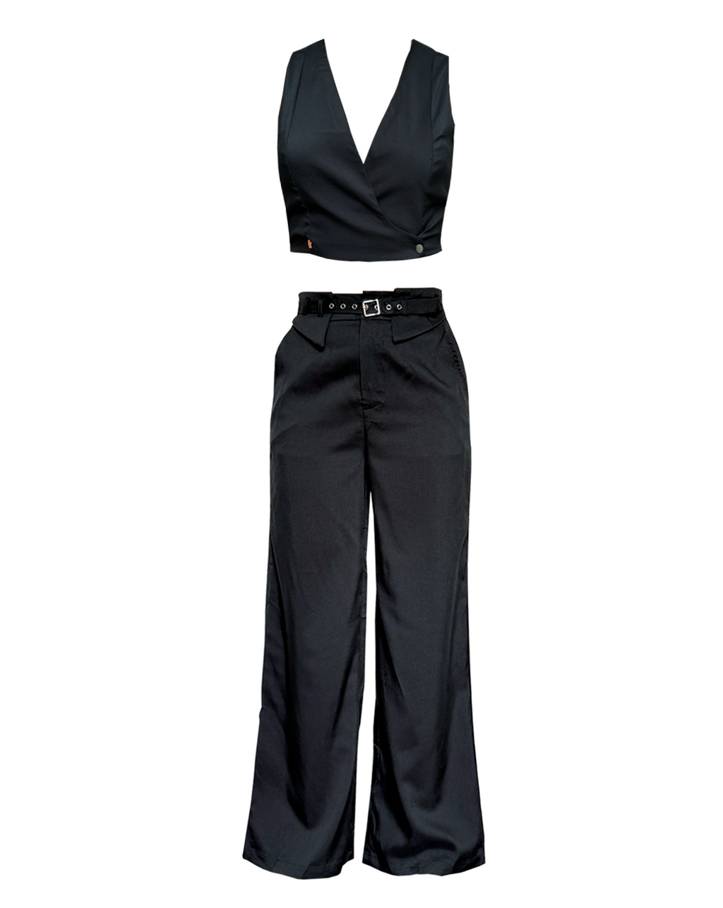 Conjunto formal negro de mujer con top tipo chaleco y pantalón recto, Moona House