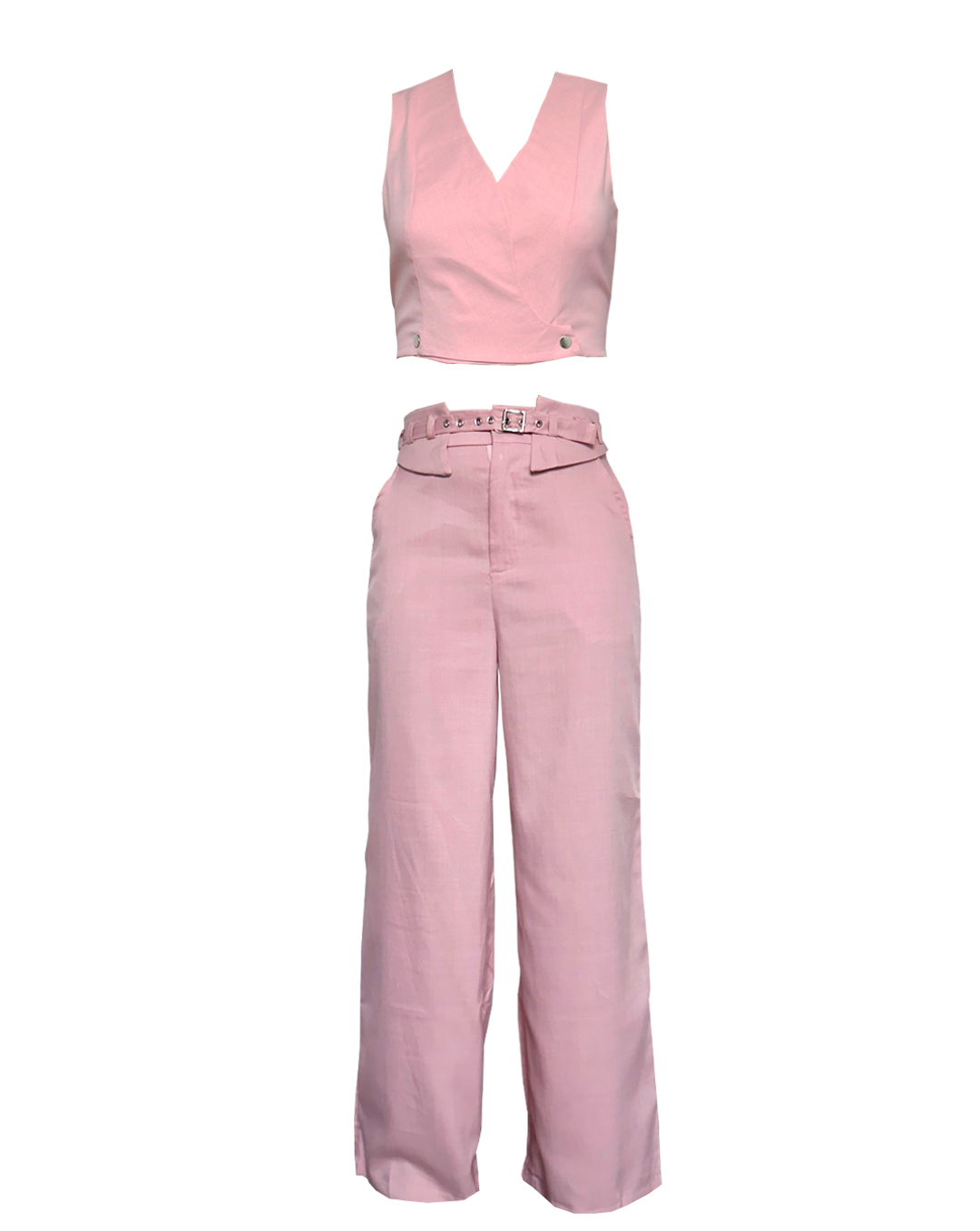 Conjunto formal rosa de mujer con top tipo chaleco y pantalón recto, Moona House.