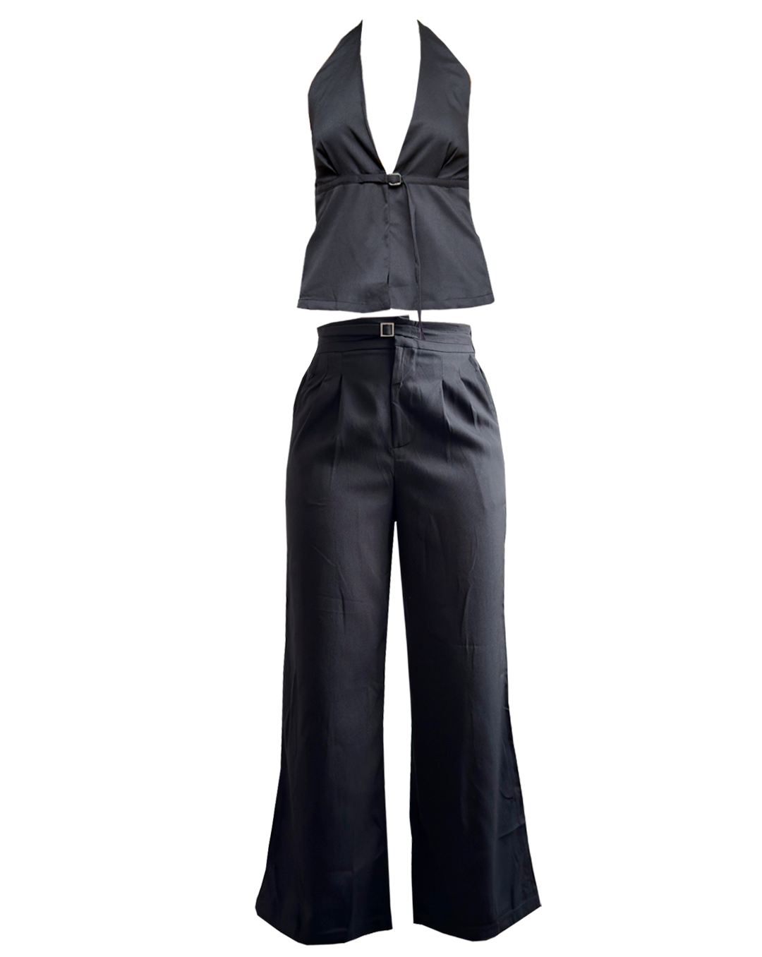 Conjunto negro versátil con pantalón y blusa cuello V, estilo formal femenino