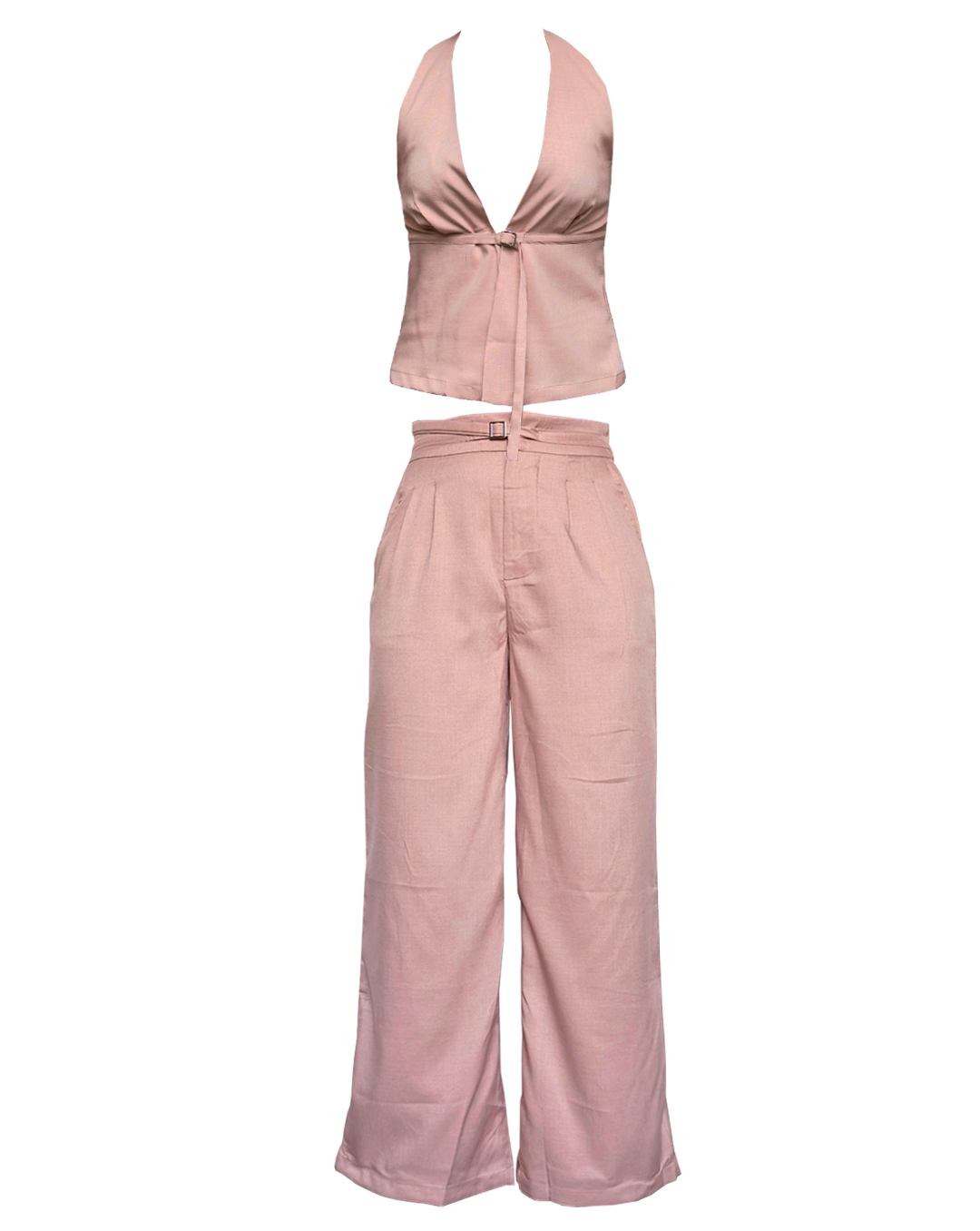 Conjunto rosa versátil con pantalón y blusa cuello V, estilo formal femenino
