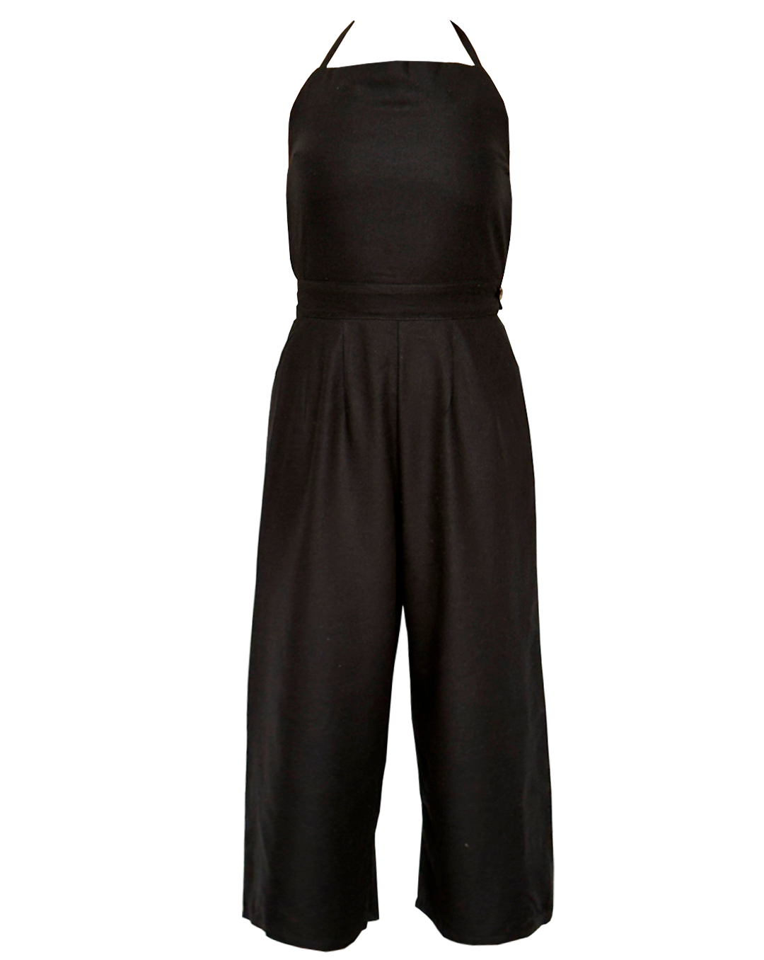 Jumpsuit de lino color negro, ideal para el verano, cuello recto, espalda descubierta.