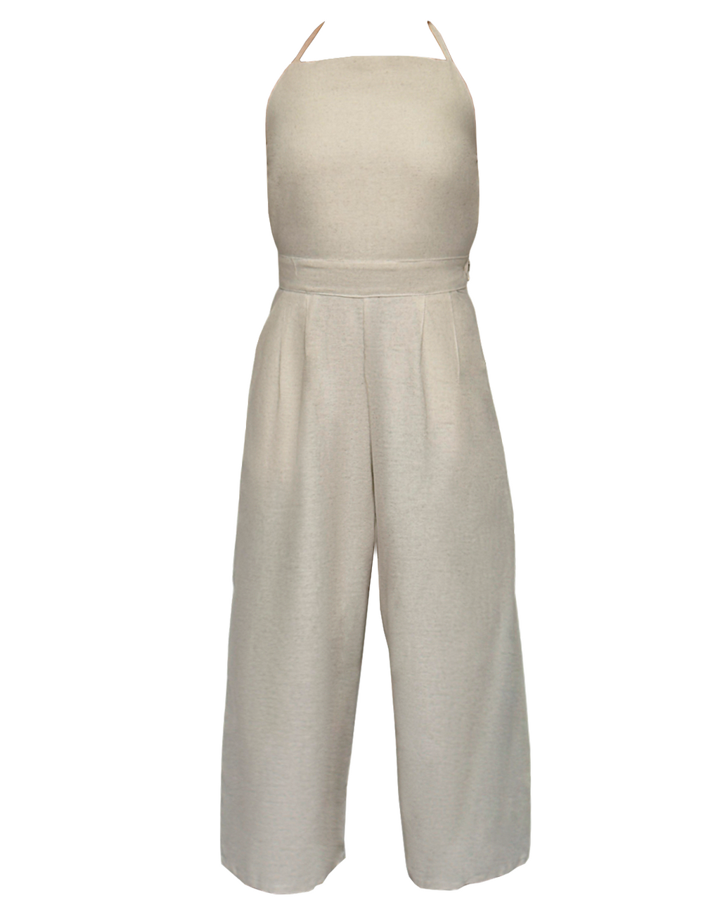 Jumpsuit color beige en lino ligero, outfit fresco de playa y vacaciones