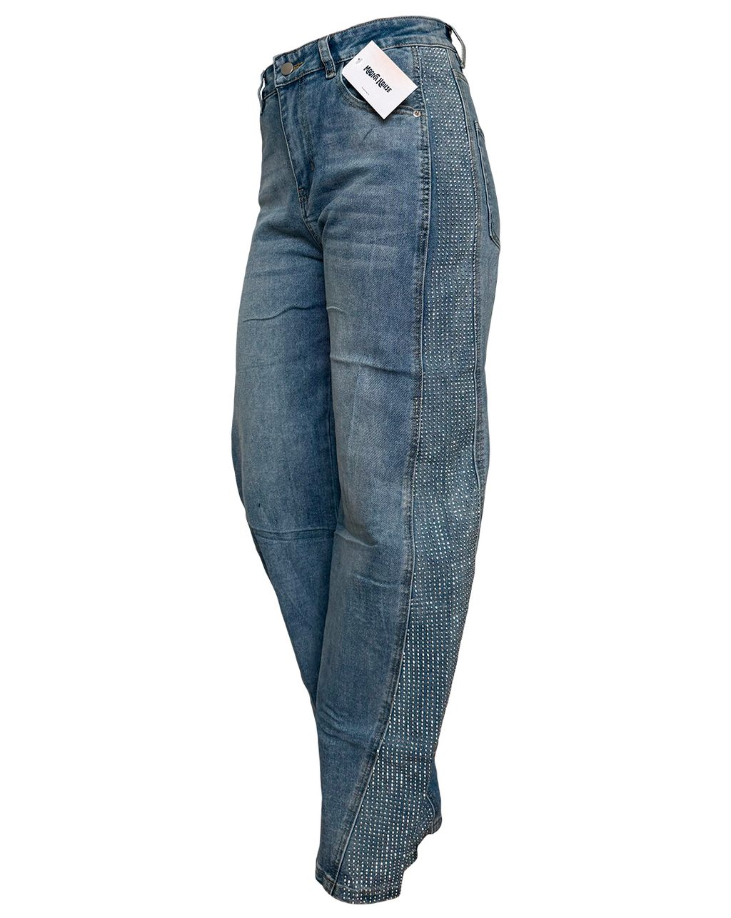 Pantalón denim light recto a la cintura con diseño amplio y brillos laterales, moda Moona House