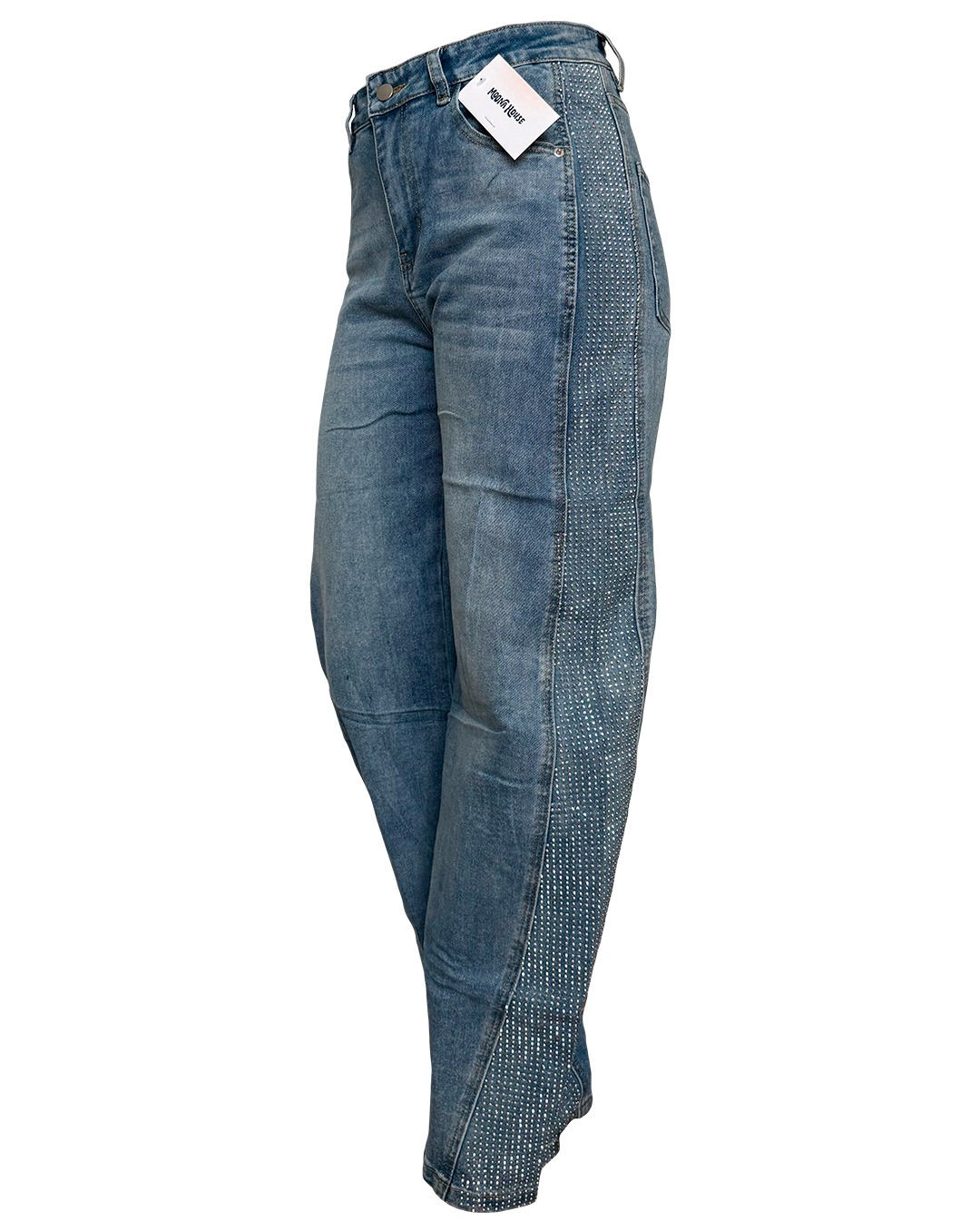 Pantalón denim light recto a la cintura con diseño amplio y brillos laterales, moda Moona House