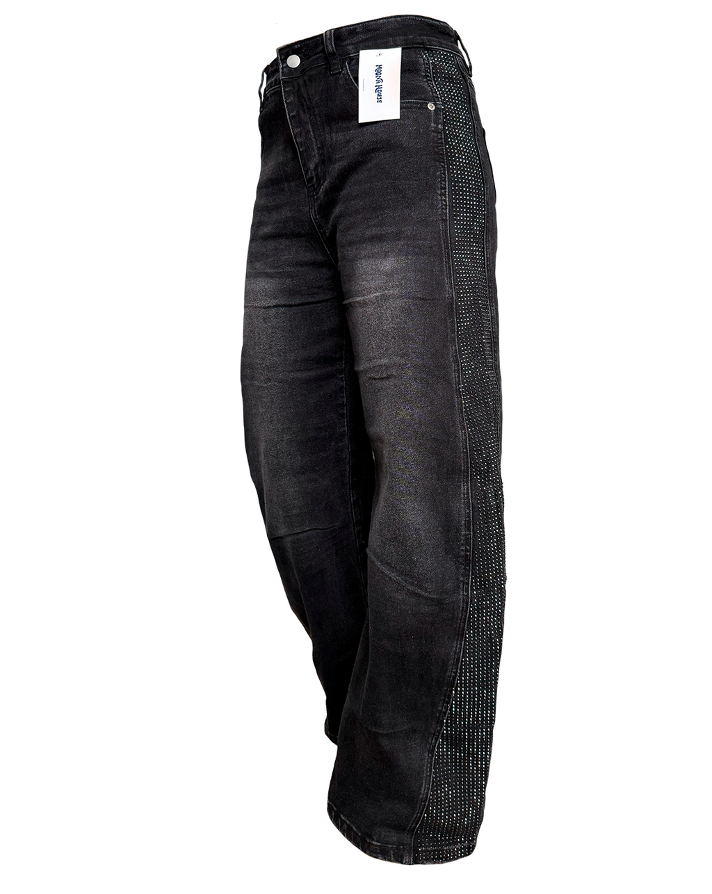 Pantalón denim negro recto a la cintura con diseño amplio y brillos laterales, moda Moona House 