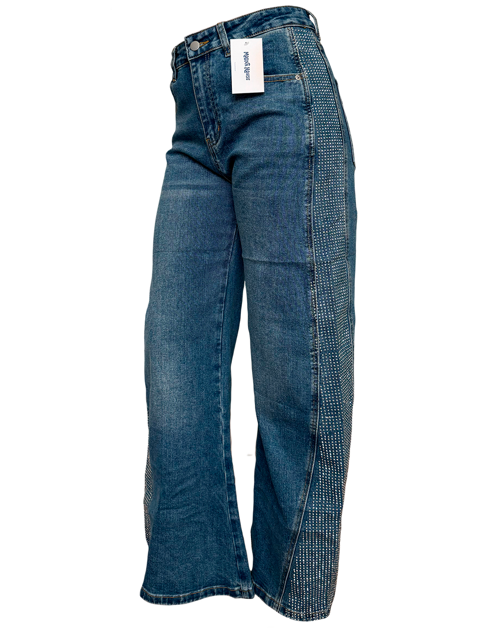 Pantalón denim recto a la cintura con diseño amplio y brillos laterales, moda Moona House.