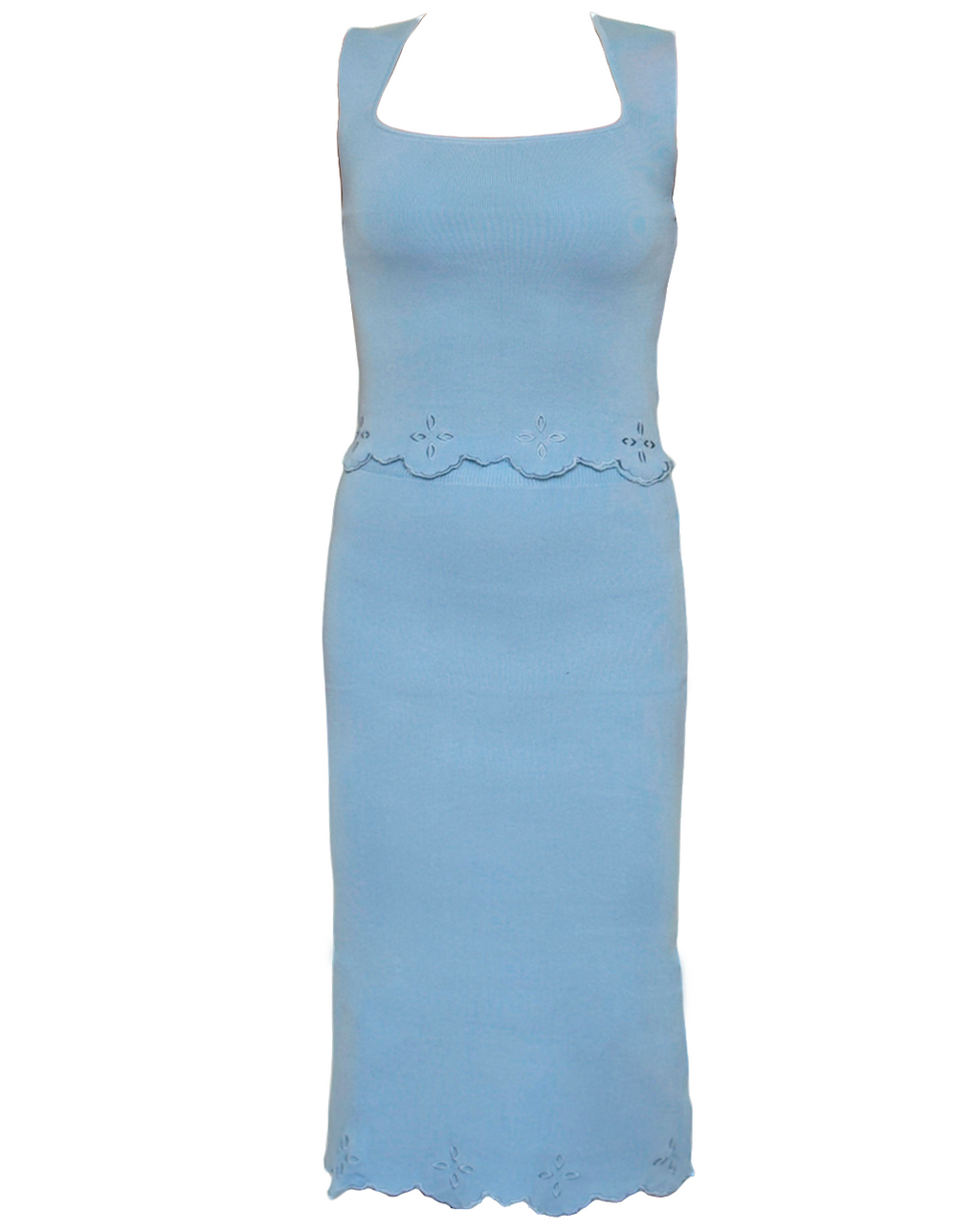 Conjunto azul con falda y top tejido de punto, look elegante y atemporal